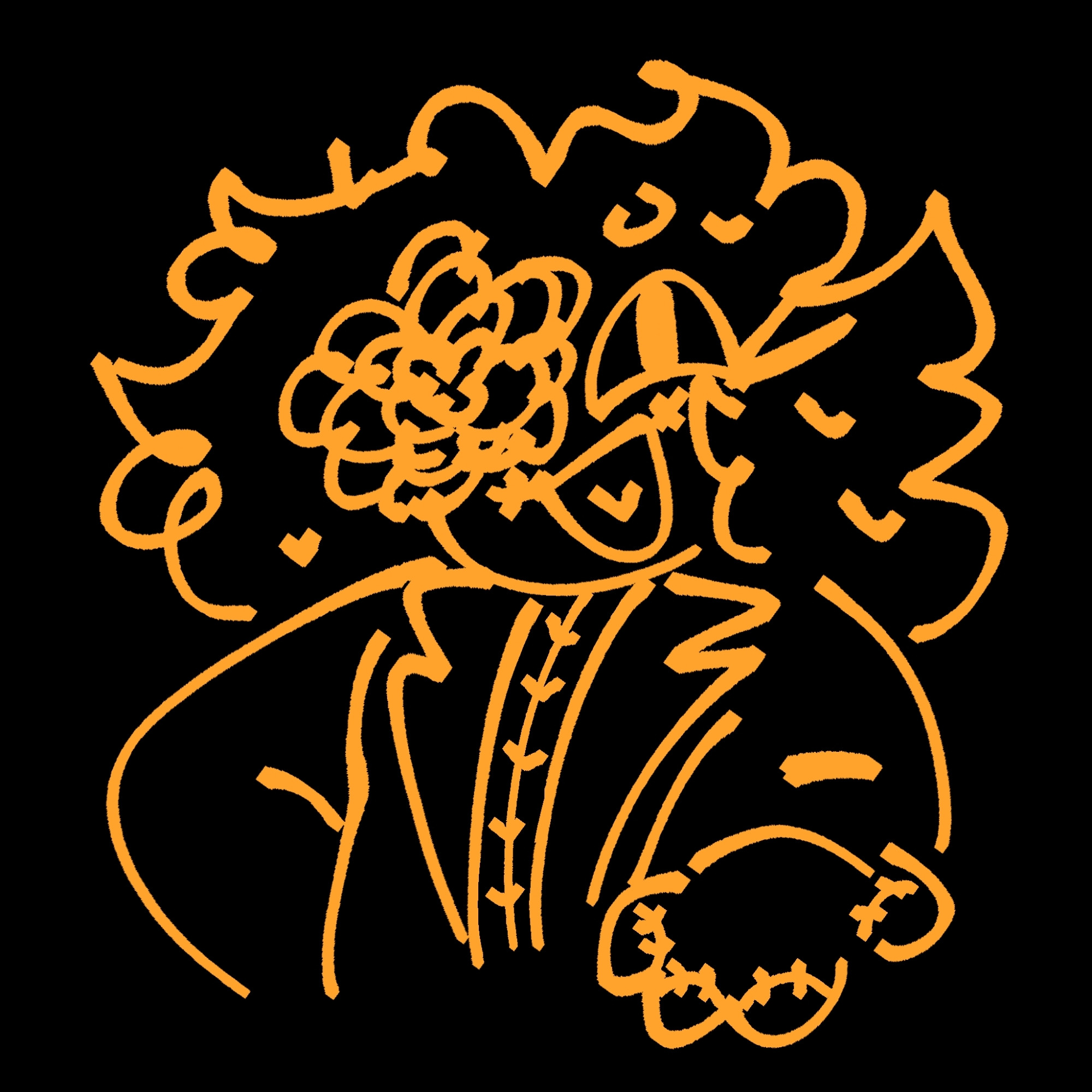 Transparent Background with an orange lineart doodle of a zombie guy! His hair is messy and littered with little plants, his right eye is replaced with a huge flower growing from it! He's wearing a coat and stitches can be seen near his mouth, fingers, and down his chest to his stomach. His current pose is him offering his left hand