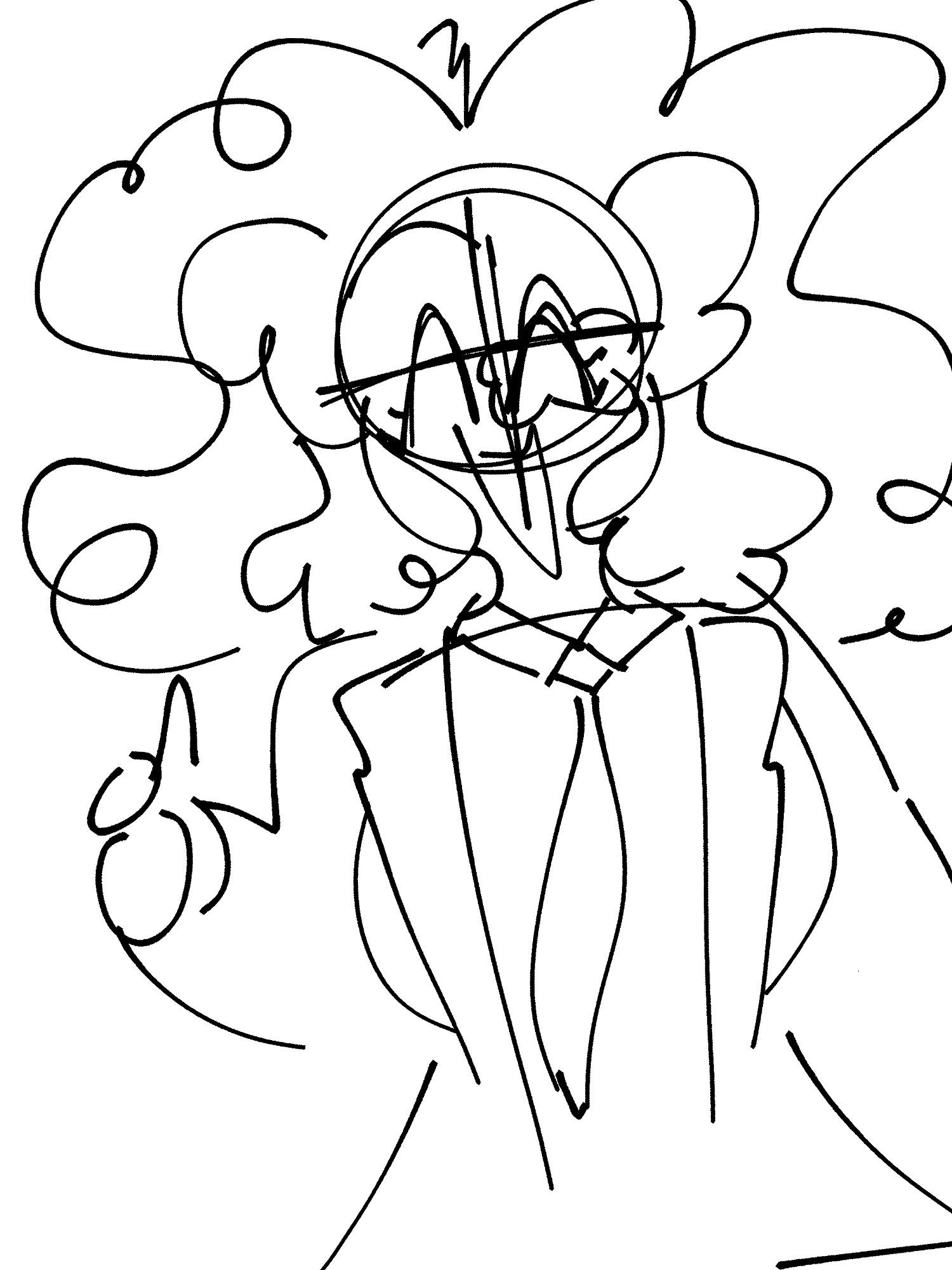 A messy doodle of a lady with a star tattoo on her left eye giving a finger gun towards viewer. Her hair is extremely fluffy and she's wearing a suit with a tie.