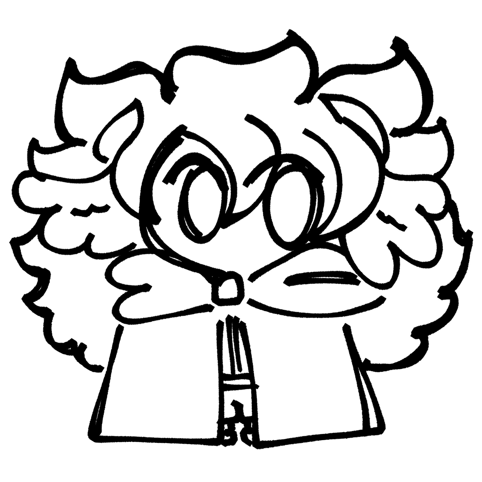 A small lil chibi doodle of a character with fluffy goat/sheep like ears. She's wearing a huge cape that covers her entire body whole her hair is extremely fluffy to the point you can barely see her curled horns.