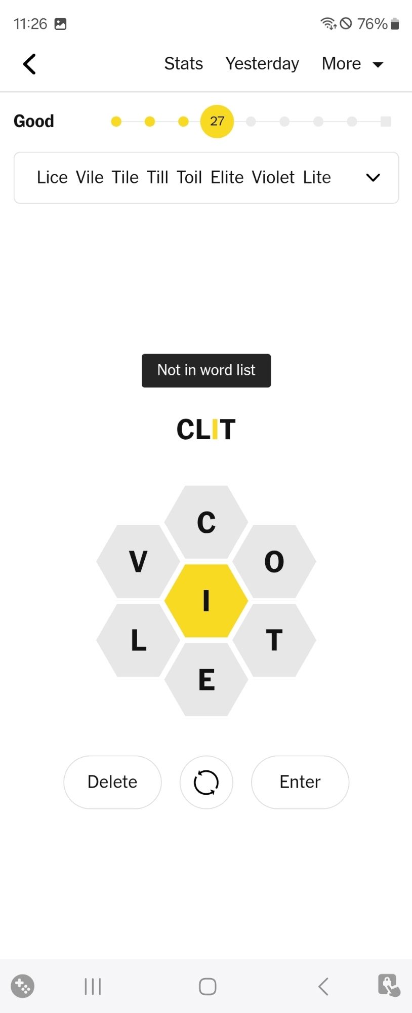 Today's Spelling bee the letters are 

C,O,T,E,L,V and you have to use I

The best possible word is Collective 

I have tried to submit "clit"