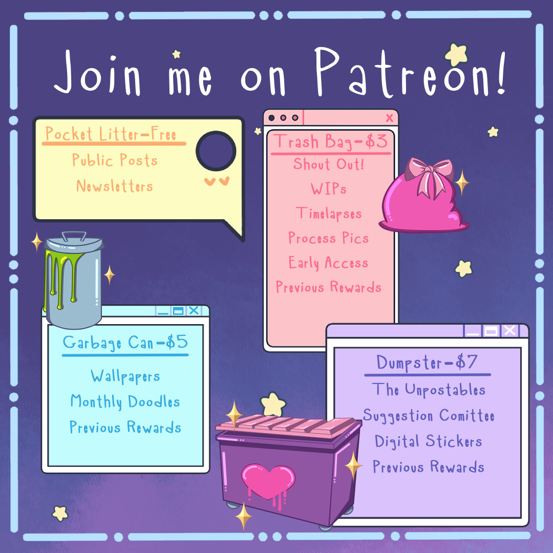 A menu displaying the benefits for each of Pestilence Cat's Patreon tiers.