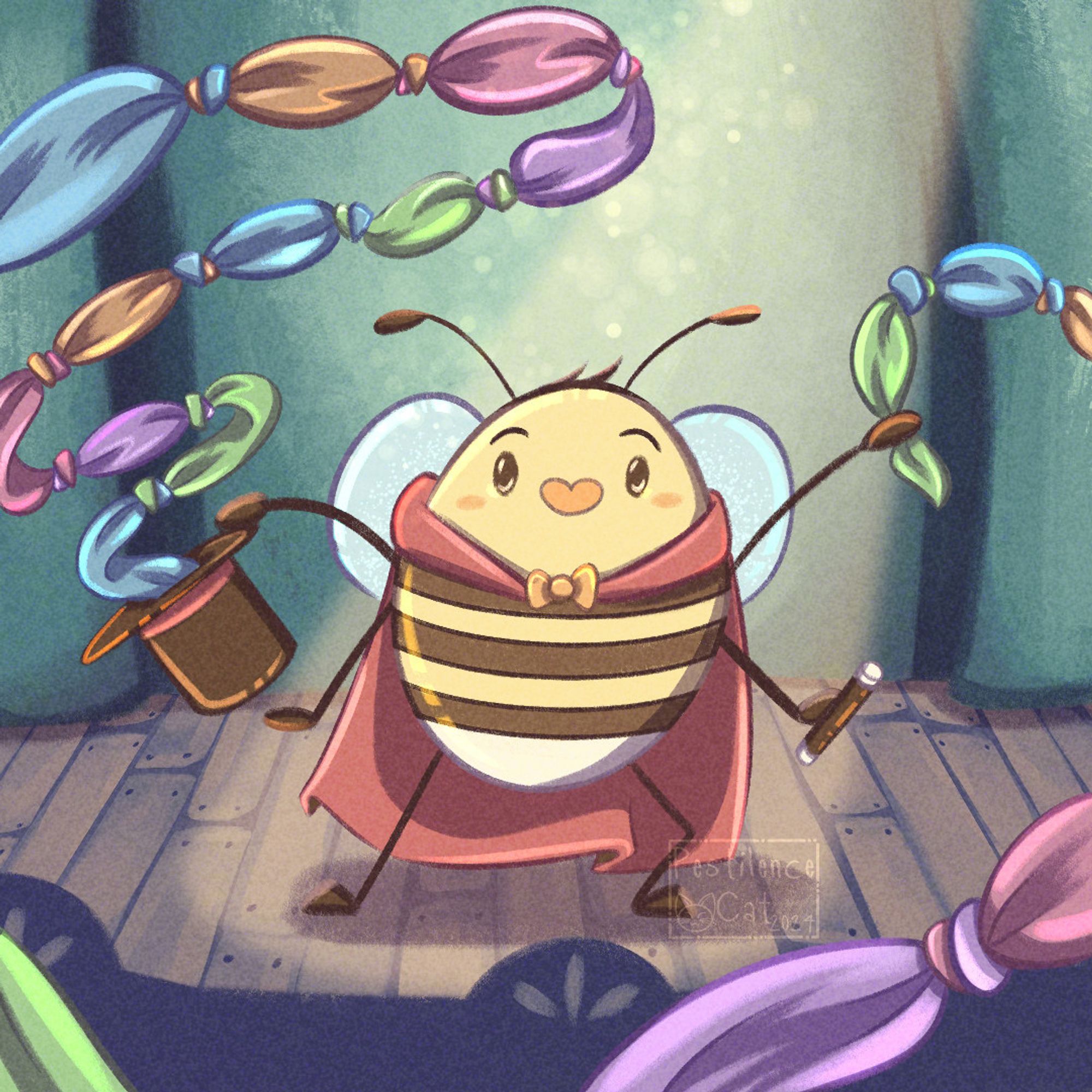 A bee magician standing on a stage in a glittery spotlight before a heavy curtain. From his hat he pulls a long stream of colorful scarves tied together.