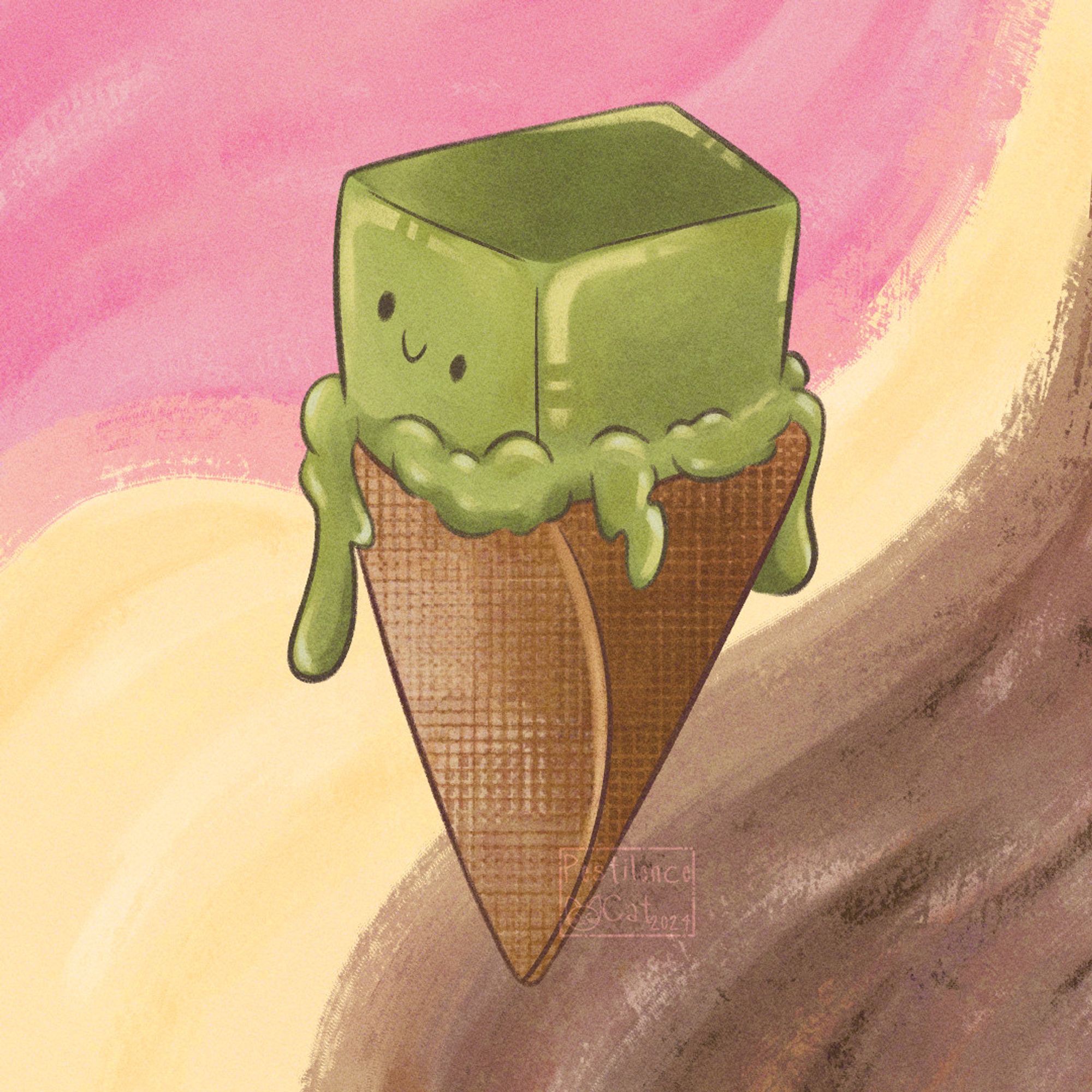 Cubert the Gelatinous Cube sits in a waffle cone and dripping over the edge like a cube-shaped scoop of ice cream before a background of pink, cream. and brown wavy stripes the colors of neopolitan ice cream.