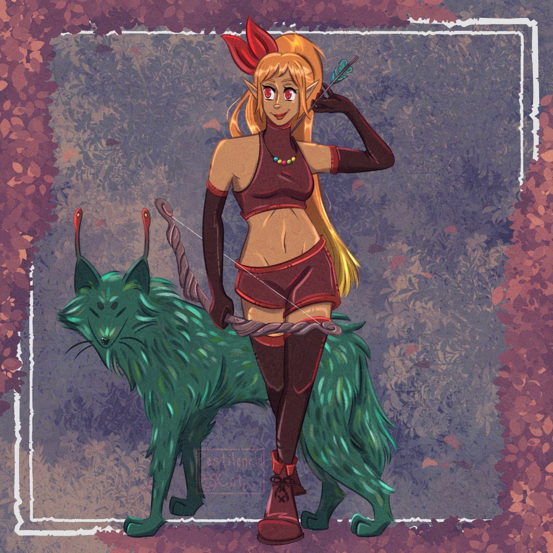 Clementine: An Eladrin Elf woman walking with her fairy dog companion, a peaceful expression on her face. She holds her bow in one hand and reaches for an arrow with the other. Her color palette is reminiscent of autumn.