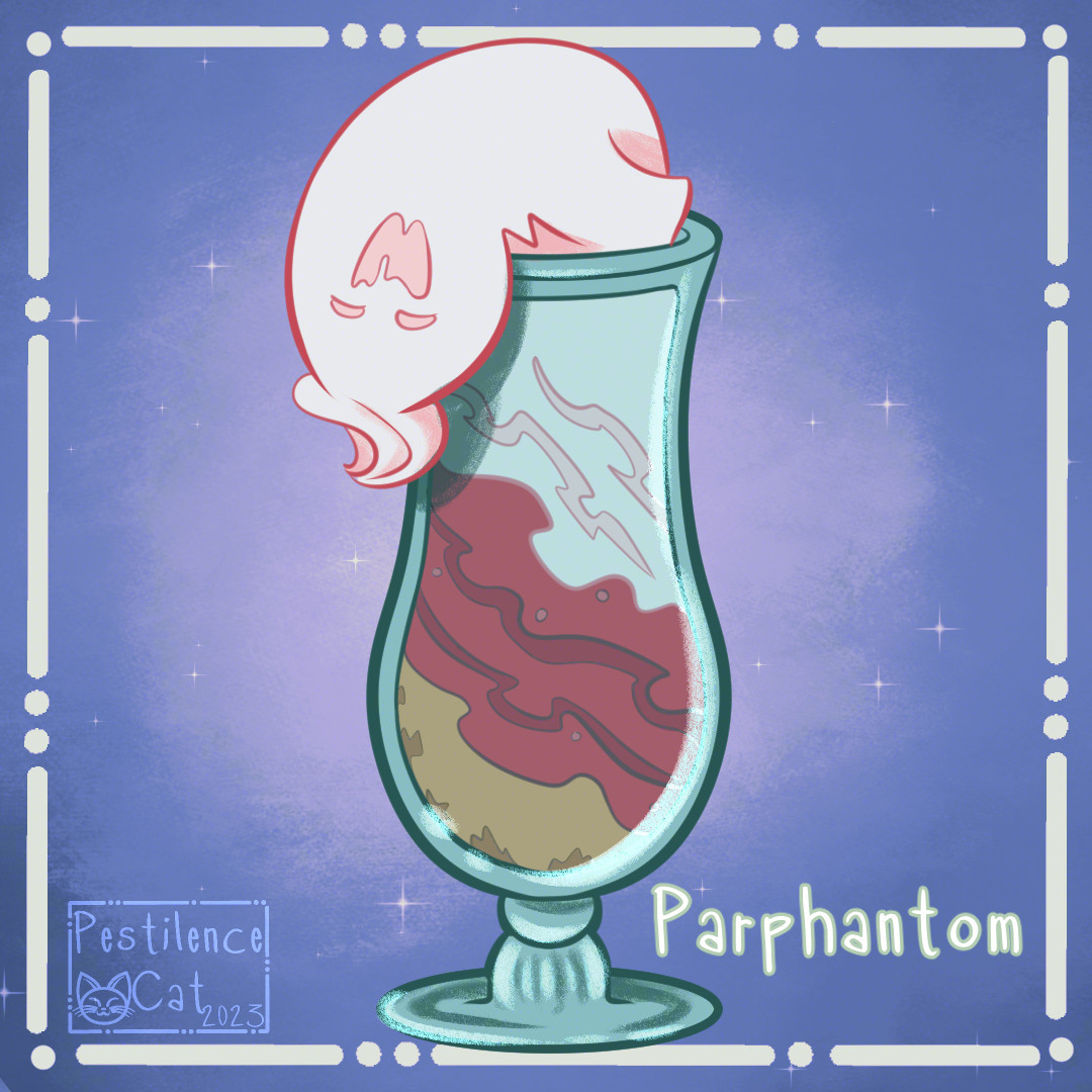 A tall glass containing a parfait, the pink whipped cream oozing over the rim of the glass in the shape of a smiling ghost in front of a sparkling background. The word "Parphantom" is written near the base of the glass.