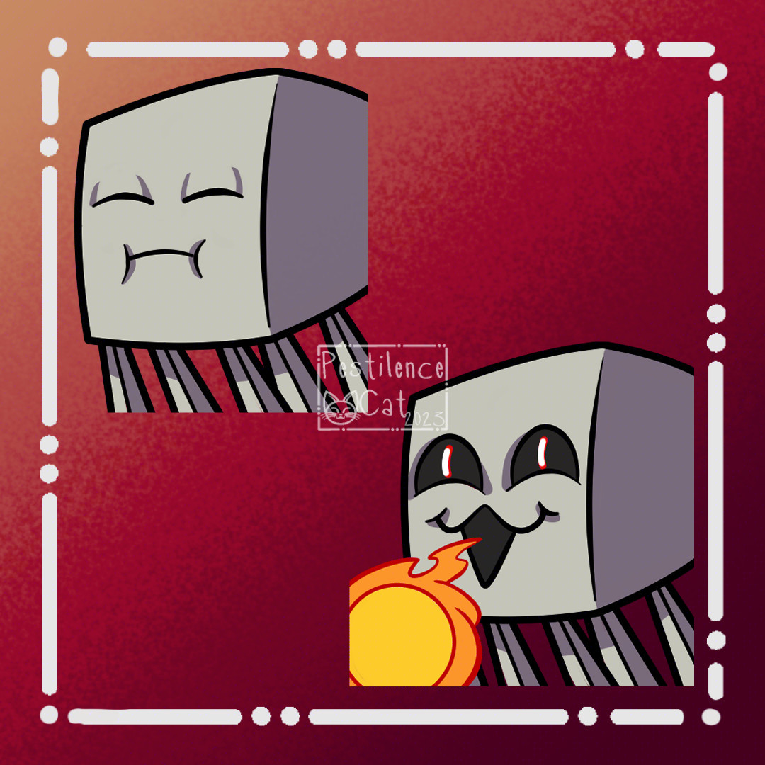 Digital Stickers of two Ghasts (Minecraft). One is docile, while the other is aggravated and spitting a fire blast.