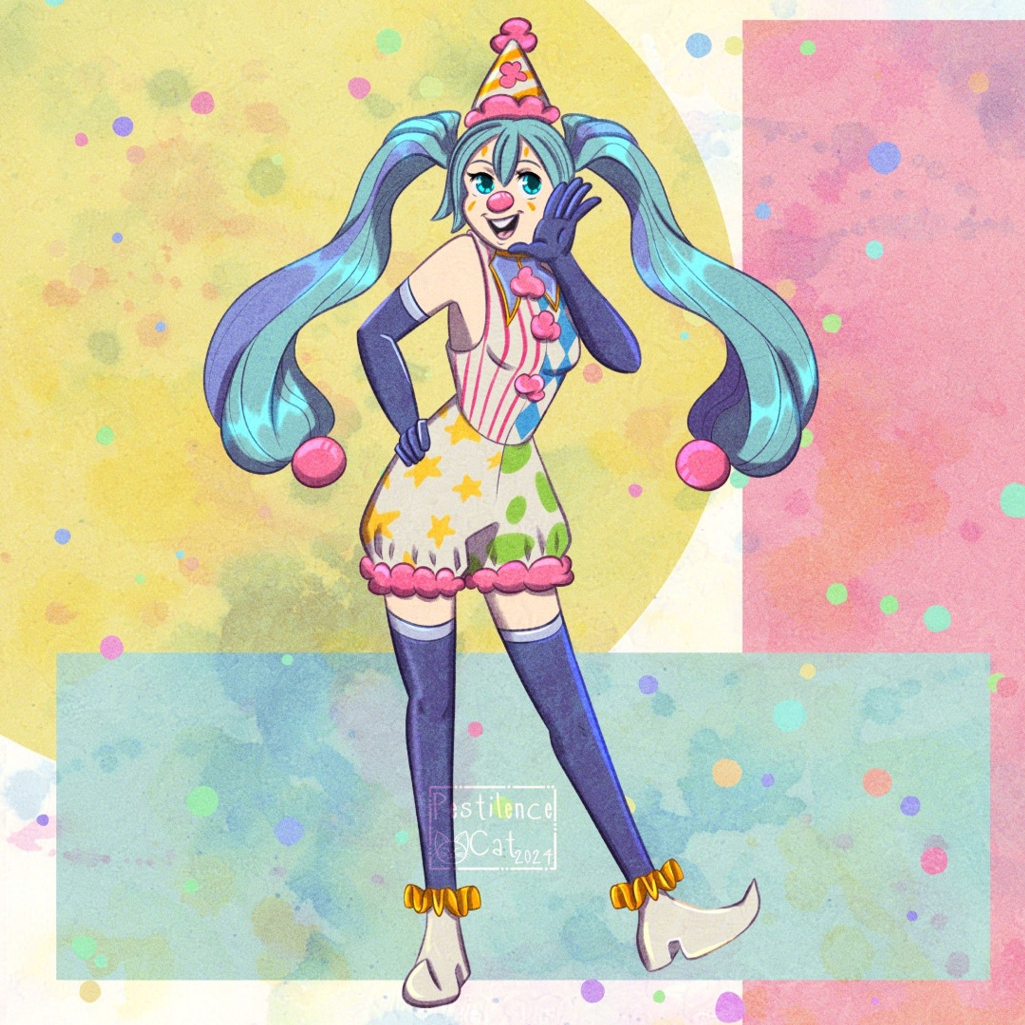 Hatsune Miku dressed as a clown smiling and standing before a colorful background with confetti-like particles around her.