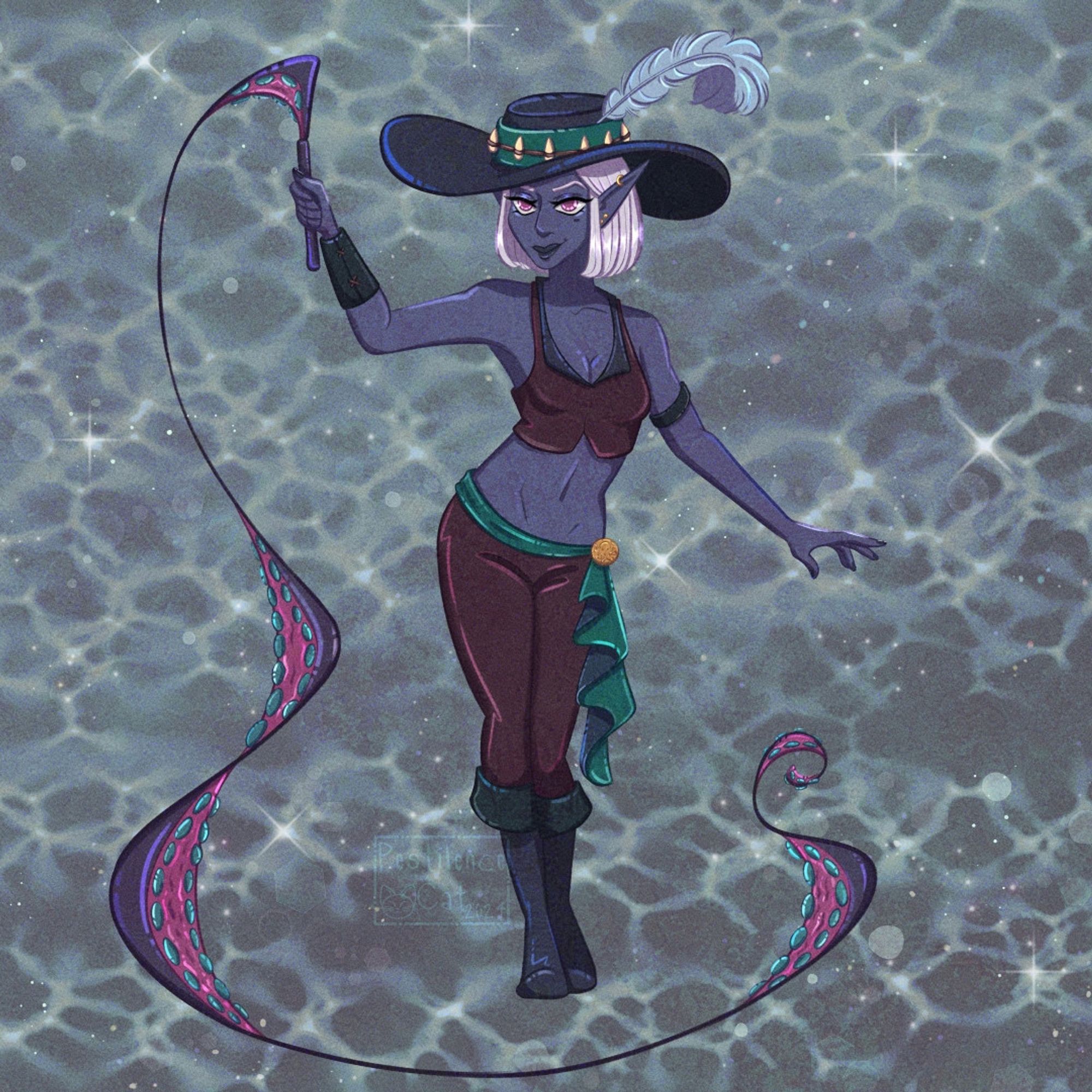 A Drow woman brandishing a whip that resembles the tentacle of an octopus as she grins mischievously.