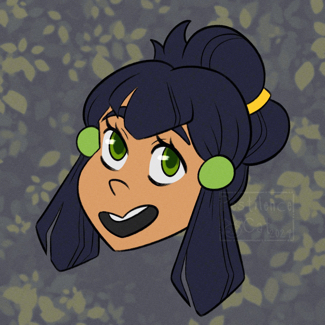 An Emote of Griselda smiling confidently in front of a light green leafy background.

Griselda belongs to icyrimes.bsky.social