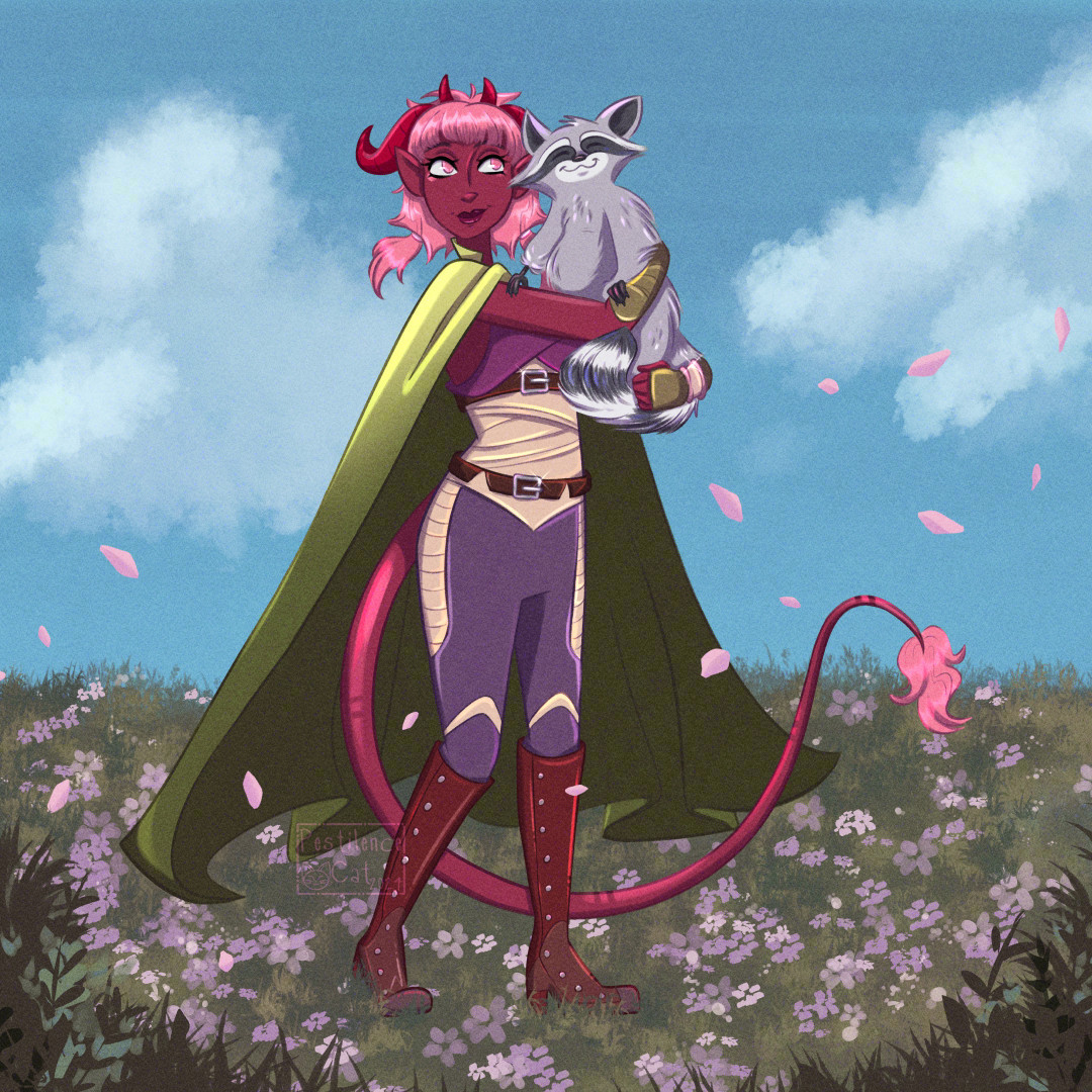 A cheerful Tiefling adventurer carries her raccoon companion through a field of flowers on a bright, sunny day. Petals flutter past them in the wind.