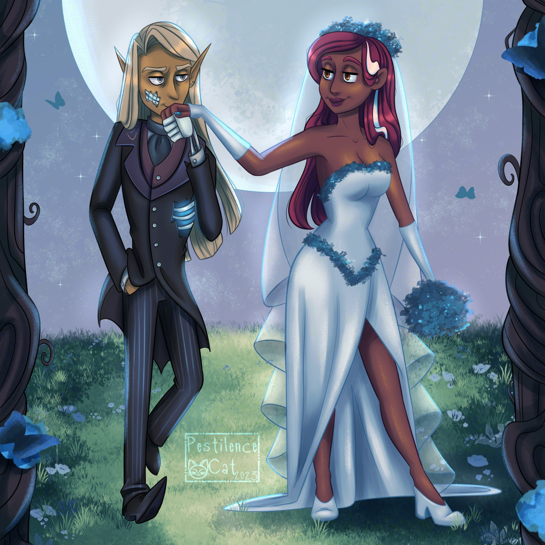 Jander Sunstar and Ireena Kolyana in costumes inspired by characters from The Corpse Bride. Jander the vampiric sun elf wears a suit, his ribcage exposed revealing something glowing from within. Ireena wears a wedding gown and veil, adorned with blue flowers.He kisses her hand as he gasps it with skeletal fingers. They stand in a moonlit valley, framed by trees, surrounded by blue butterflies and flowers, while the glowing light of the moon shines upon them.