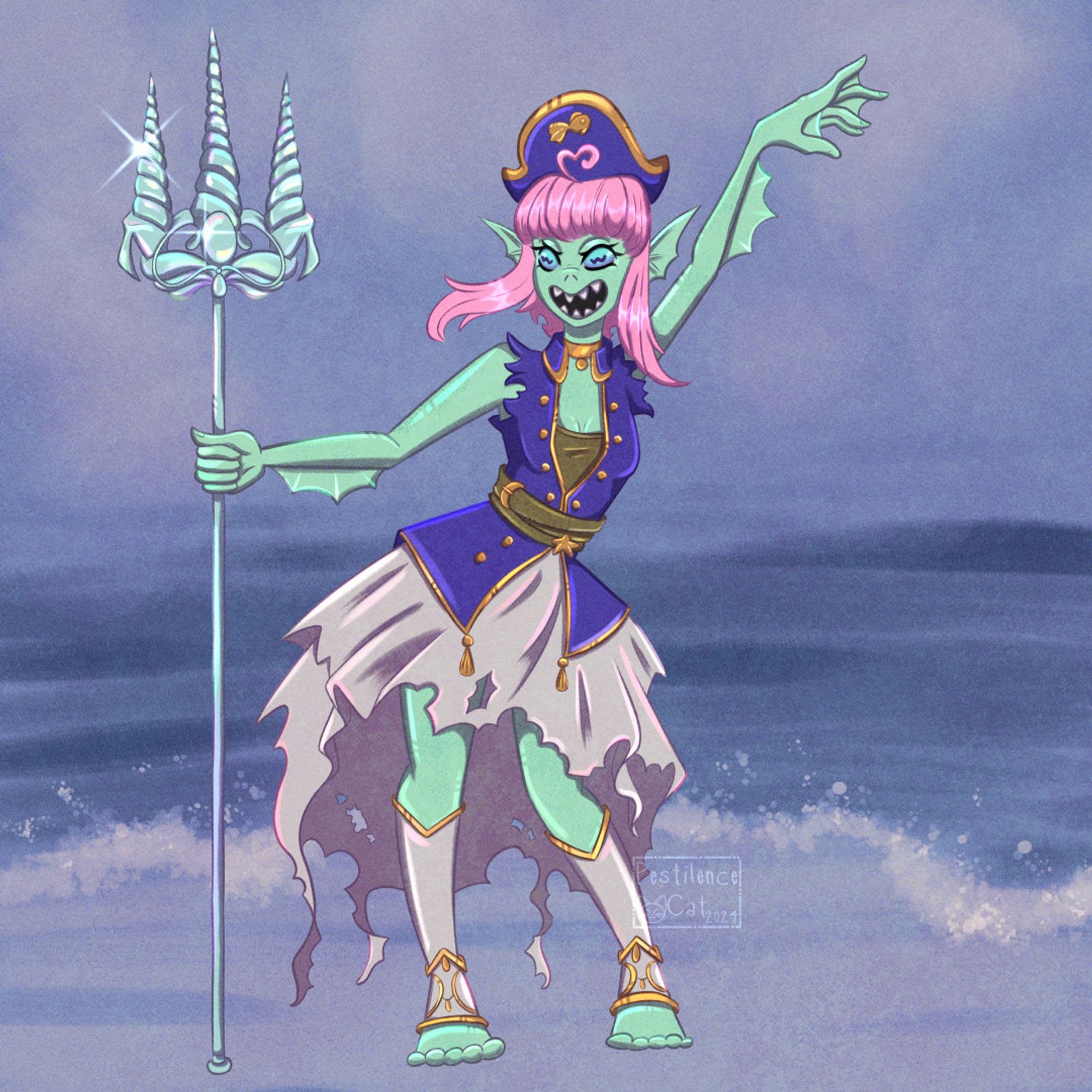 A fish-like Triton in tattered clothes reminiscent of a sea captain's stands on a beach with rolling waves behind her. In her hand, a sparkling abalone trident.