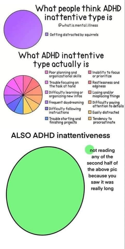 Three pie charts

1. What people think ADHD inattentiveness is: the chart is 100% "getting distracted by squirrels"

2. What ADHD inattentive type actually is: the chart lists a dozen equal-weight symptoms

3. ALSO ADHD inattentiveness: the chart is 100% "not reading any of the second half of the above pic because you saw it was really long"

The symptoms from graph #2:
Poor planning/organizational skills
Trouble focusing on the task at hand
Difficulty learning/organizing new info
Frequent daydreaming
Difficulty following instructions
Trouble starting/finishing projects
Inability to focus/prioritize
Restlessness/edginess
Losing/misplacing things
Difficulty paying attention to details
Easily distracted
Tendency to procrastinate