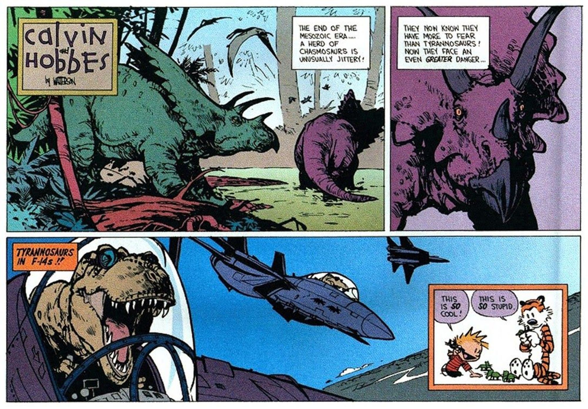 A Calvin & Hobbes Sunday strip. The 6-panel layout is gone. The first row is a pair of panels, depicting a realistically drawn (but cartoon-colorized) pair of three-horned dinosaurs.

Narrator: The end of the Mesozoic Era... a herd of Chasmosaurs is unusually jittery! <close-up on one dinosaur> They now know they have more to fear than Tyrannosaurs! Now they face an even GREATER danger...

Panel 3 is the full width of the strip.
Narrator: TYRANNOSAURS IN F-14s!!

Three military jets scream across a clear blue sky with a lone cloud scudding on the horizon. Visible in two of the three cockpits are Tyrannosaurs in flight goggles, roaring.

Panel 4, inset. Calvin and Hobbes are playing with plastic toys. Calvin holds a jet over a herd of dinosaurs.
Calvin: This is SO cool!
Hobbes: This is SO stupid.