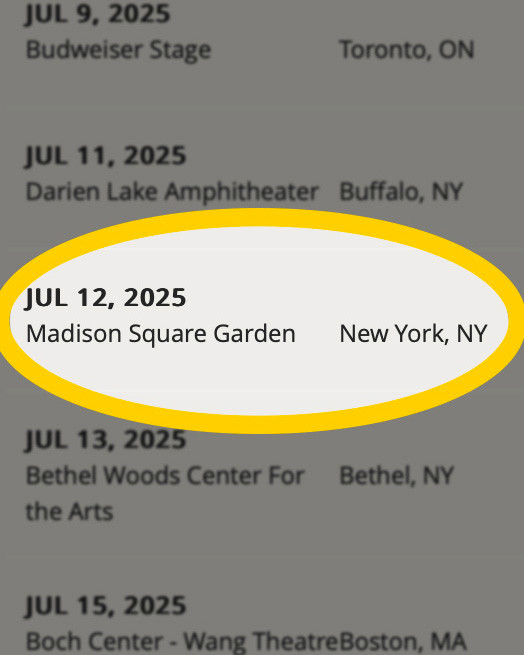 Screen shot of tour page from WeirdAl.com showing a July 12, 2025 date for Madison Square Garden