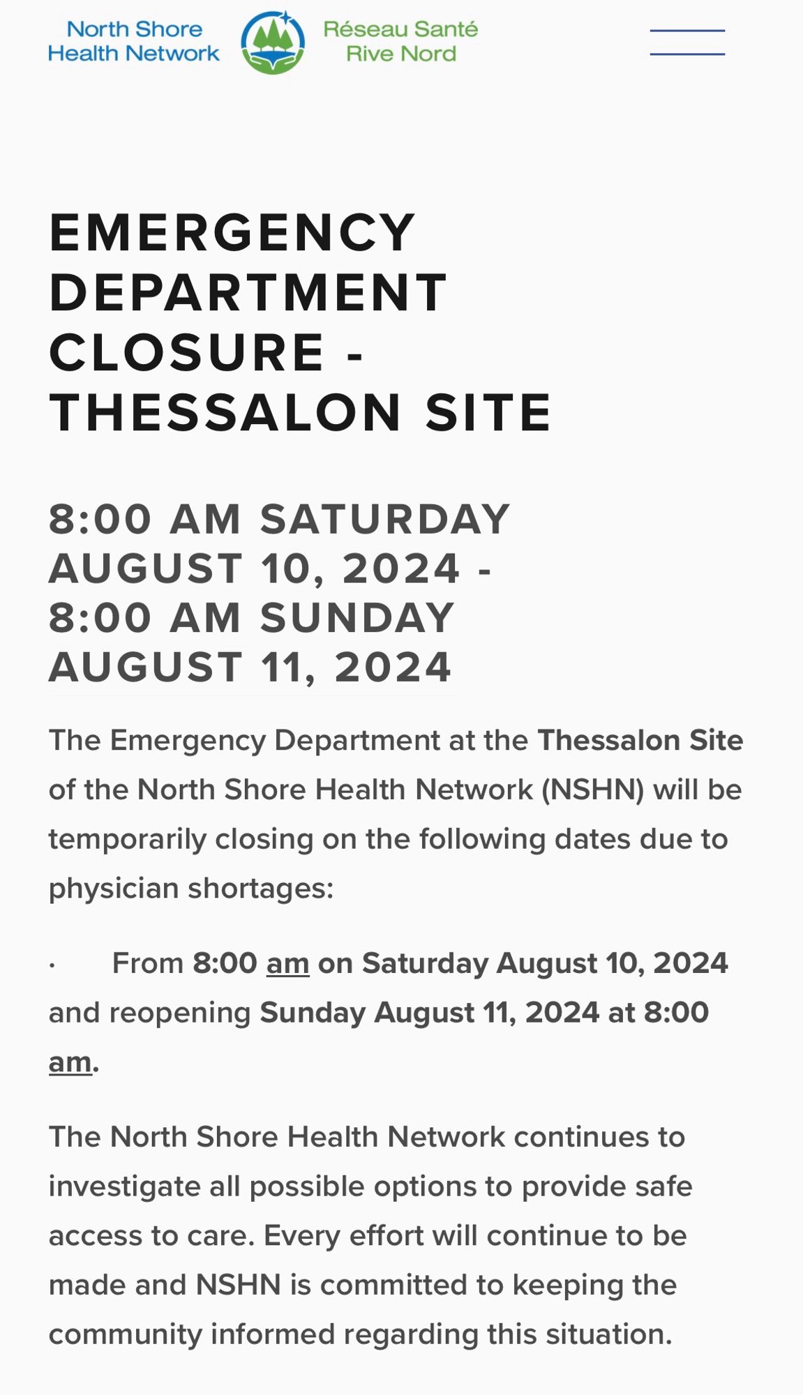 Thessalon ER will be closed at 8am on August 10 until August 11 at 8am due to a physician shortage