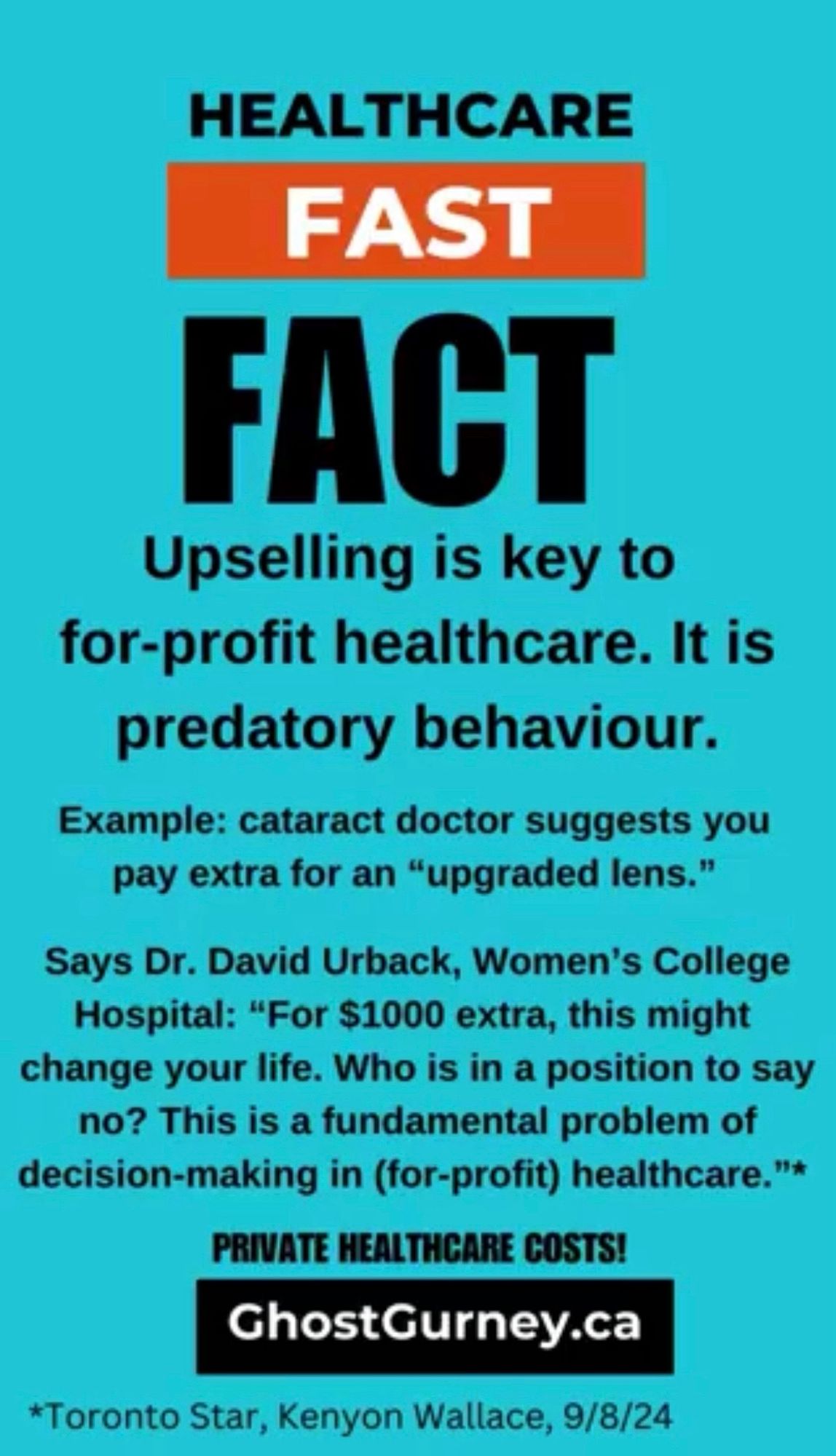 Healthcare fast fact: upselling is key to for-profit healthcare. It is predatory behaviour. Dr Urback of WCH: ‘For $1000 extra, this might change your life m. Who is in a position to say no? This is a fundamental problem of decision-making in for-profit healthcare’