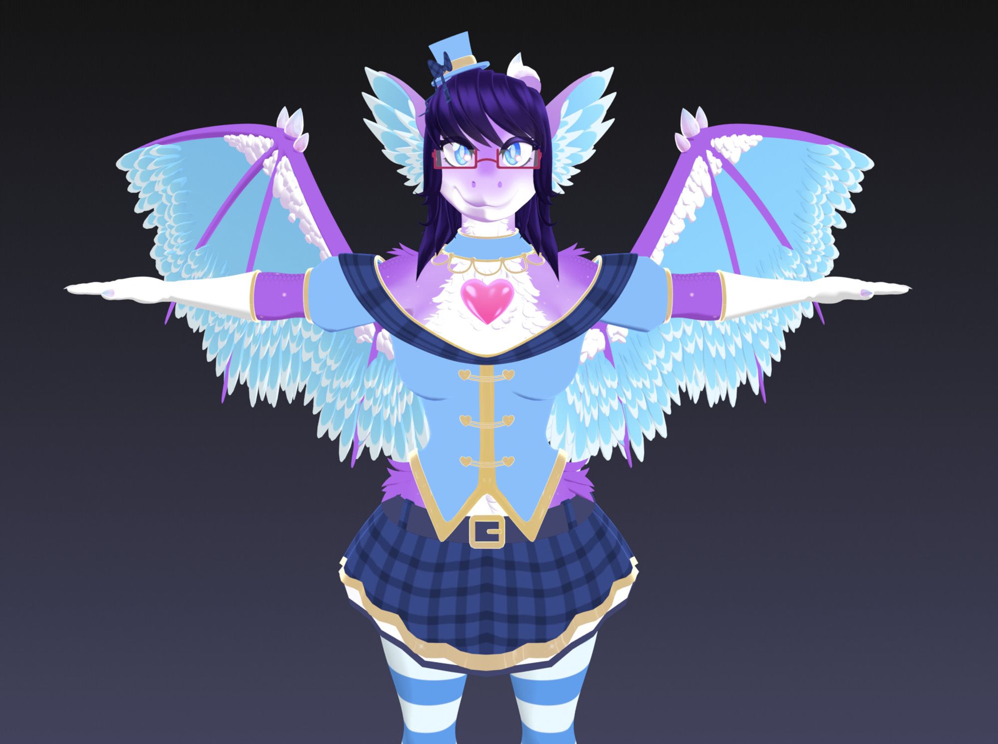 Minra the purple idol dragon, in t-pose, with one of her blue and gold outfits on.