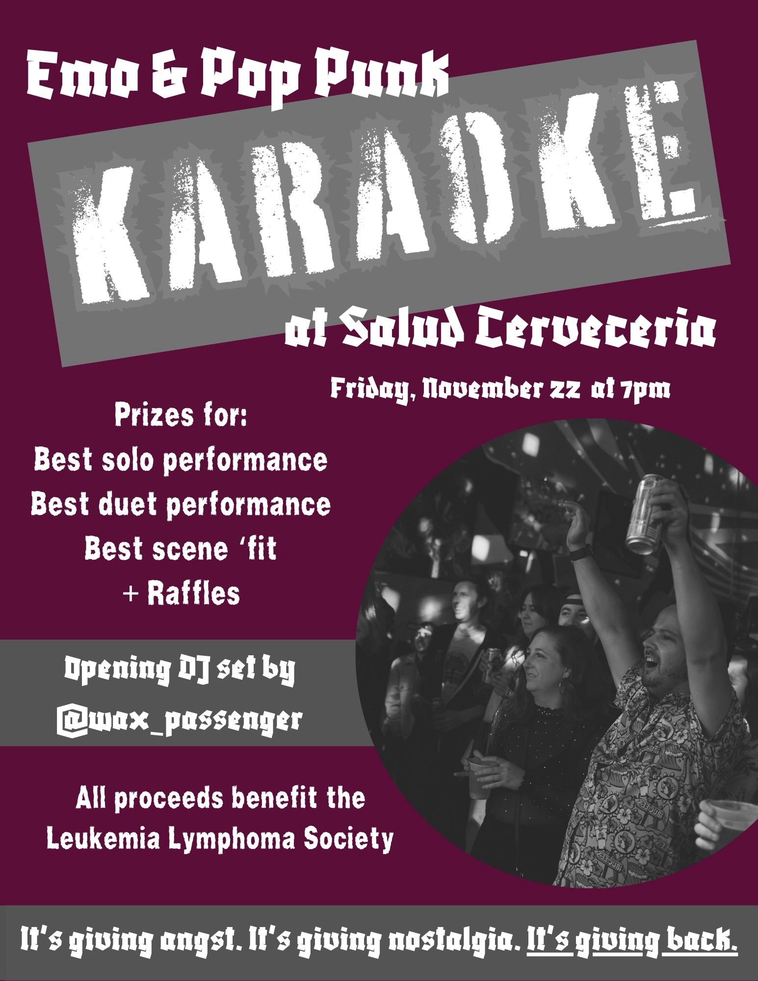 flyer detailing upcoming emo & pop-punk charity karaoke, benefitting the LLS, on 11/22 at Salud Cerveceria, starting at 7 pm