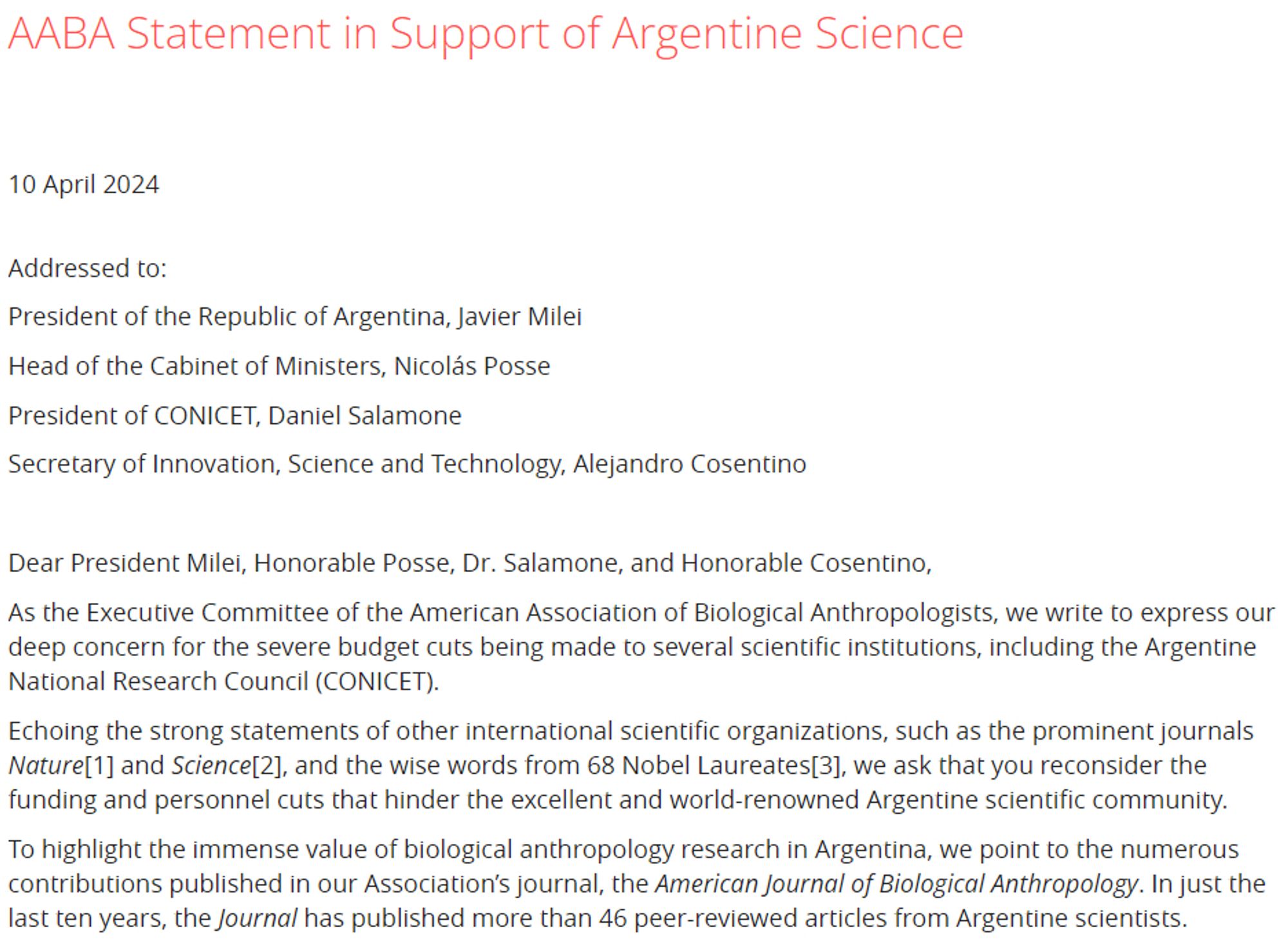 Screenshot of AABA Statement in Support of Argentine Science, which is posted on the AABA website