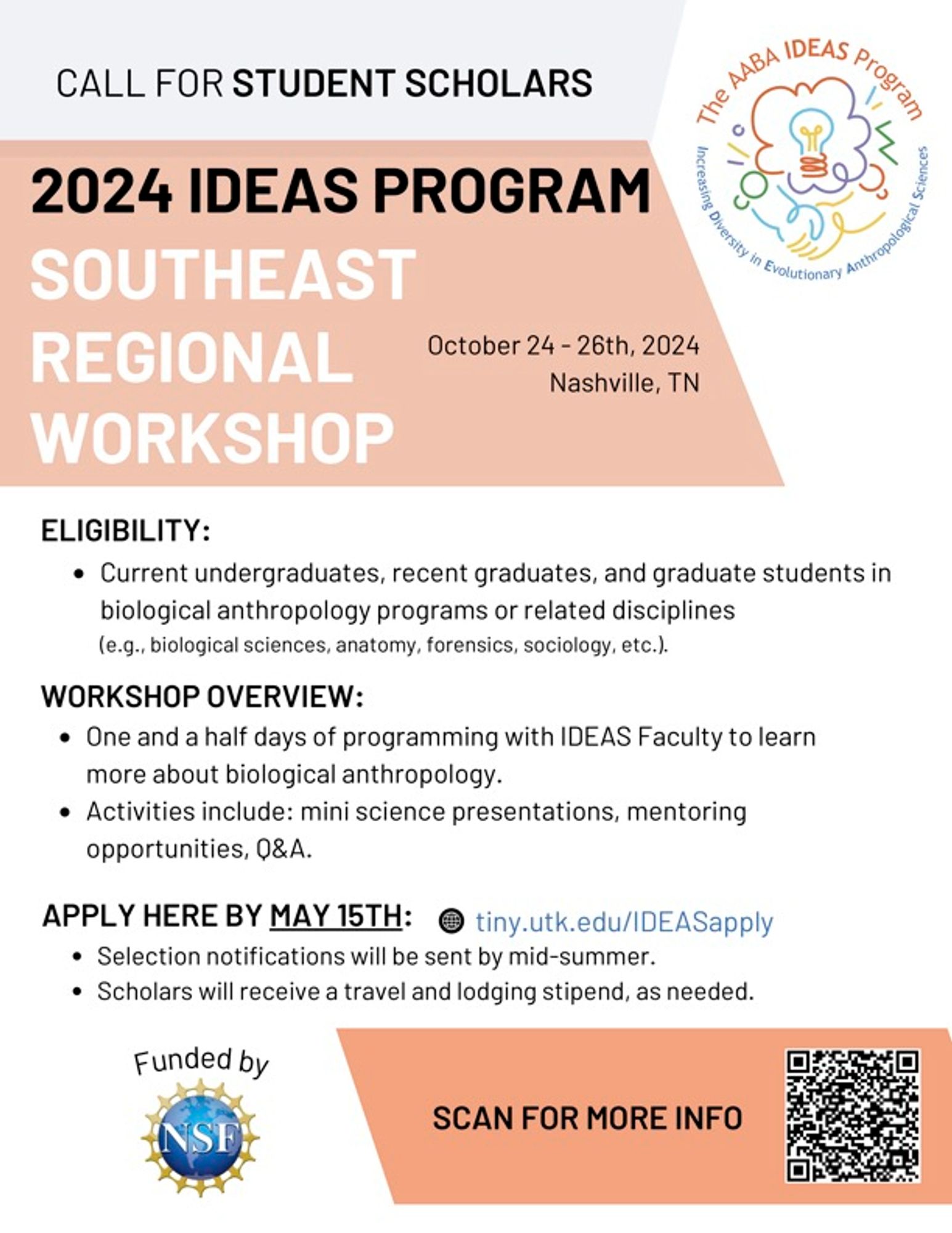 Flyer announcing 2024 IDEAS Program Southeast Regional Workshop to be held October 24-26, 2024 in Nashville, Tennessee. Applications due May 15th.