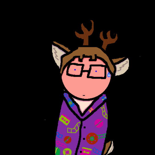 Drawing of The Reel Jon, a white male with brown hair, deer antlers, ears, and a tail wearing a purple shirt with neon colored DVDs, film reels, and VHS tapes. His face is flushed with a red hue and he has a sweat drop on the right side of his head.