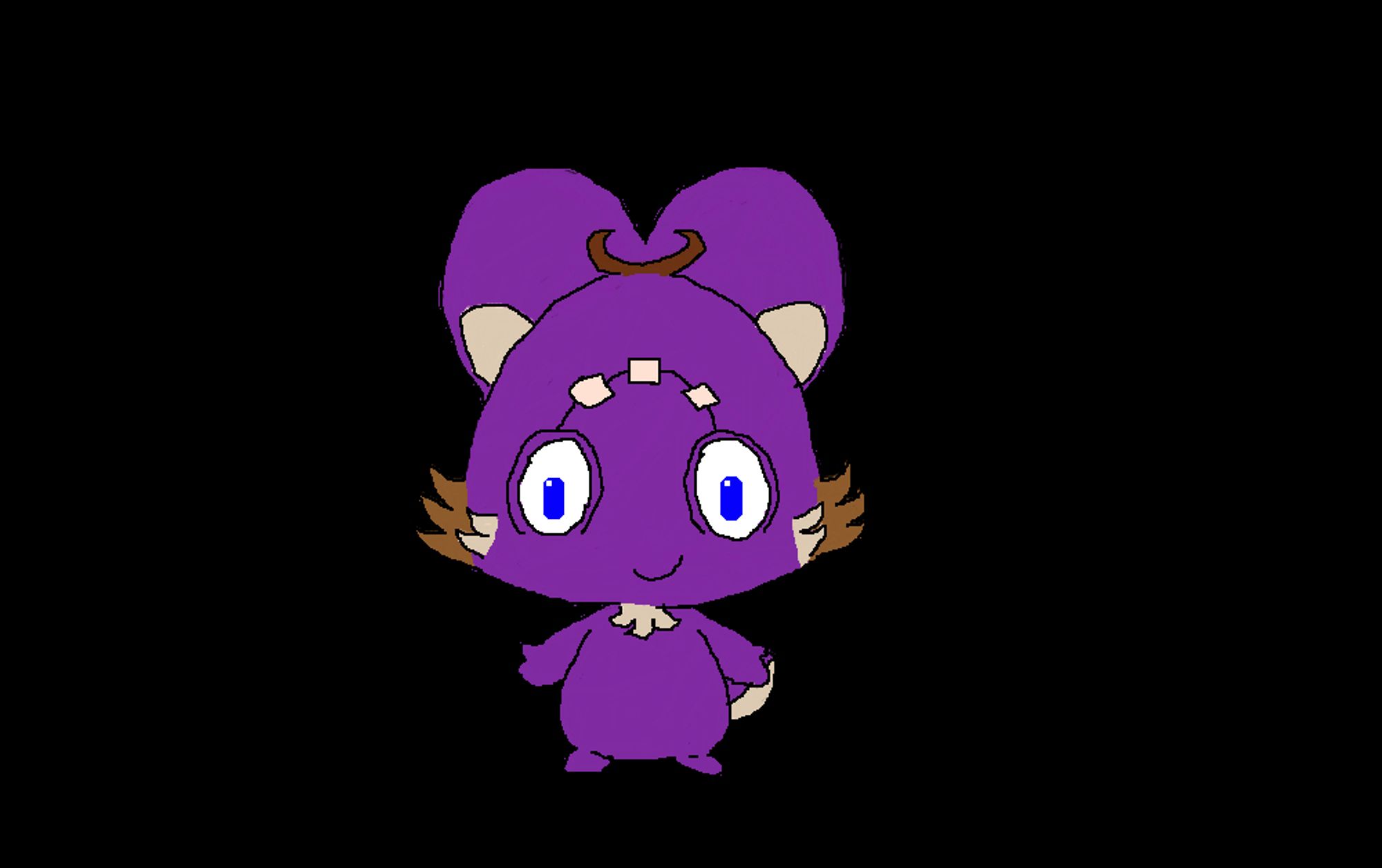 Drawing of The Reel Jon as a Chattino, a small rodent like mascot for Hololive's Raora Panthera. The body is purple with peach highlights and brown and tan whiskers with blue eyes.