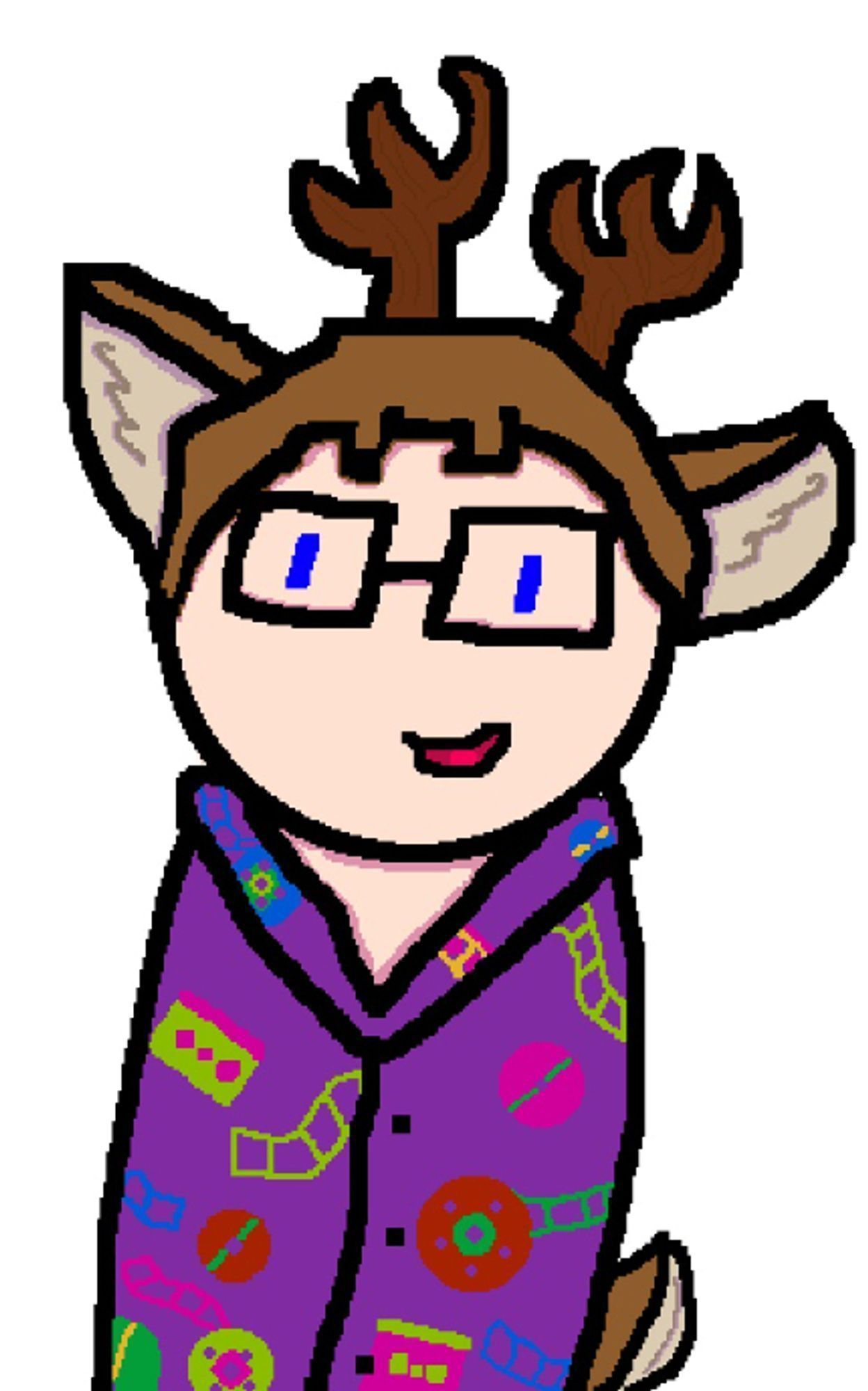 PNG model for The Reel Jon, a white human male with glasses, deer antlers and ears wearing a purple button down shirt that features neon colored film reels, VHS tapes, and discs.