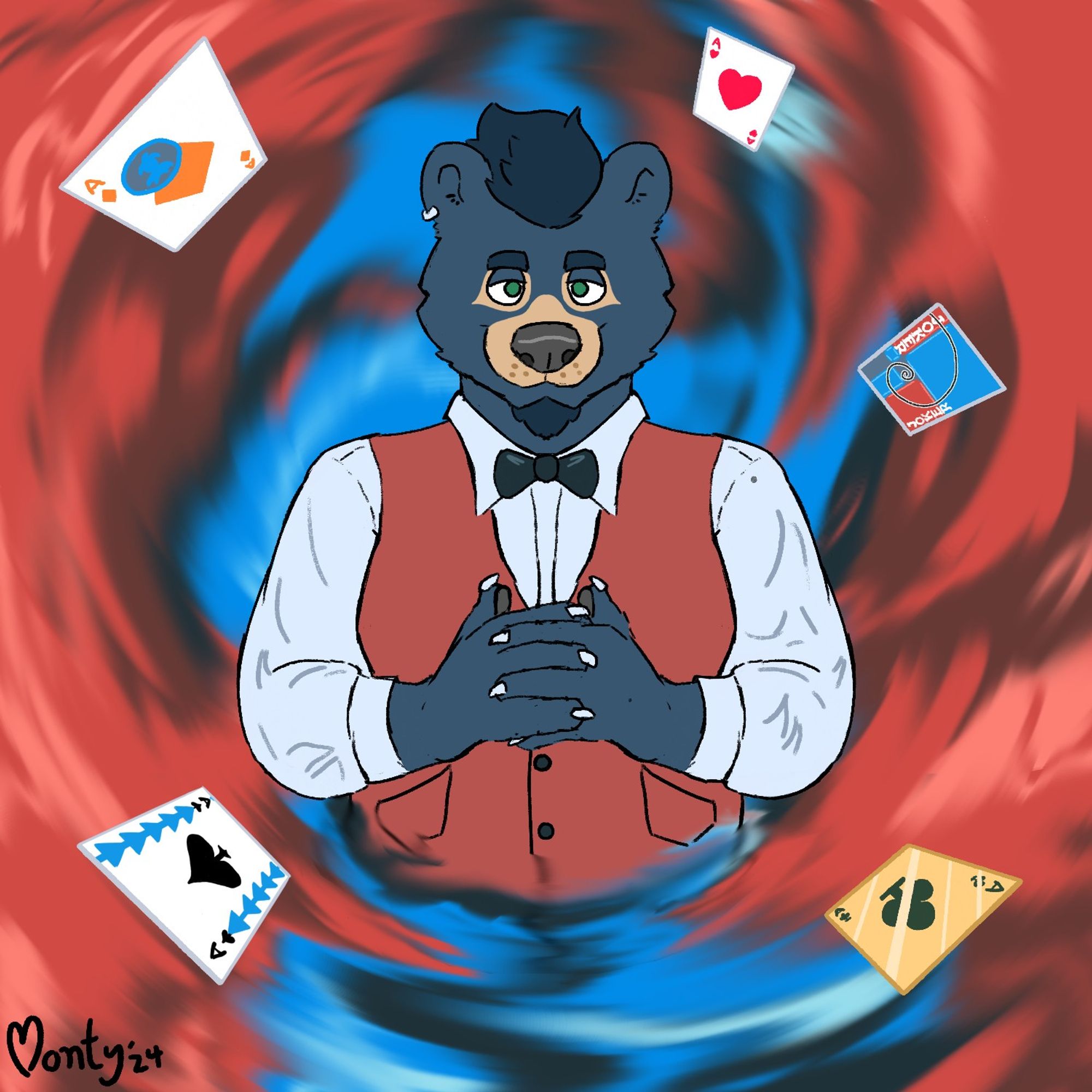 monty dressed up as a casino poker dealer, surrounded by floating playing cards from balatro, in the psychedelic background seen while playing the game