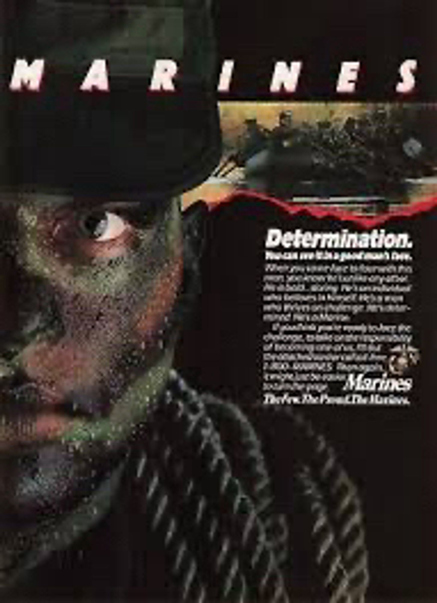 1989 Marines magazine ad of man in camo face paint. Marines in zodiac boat in inset