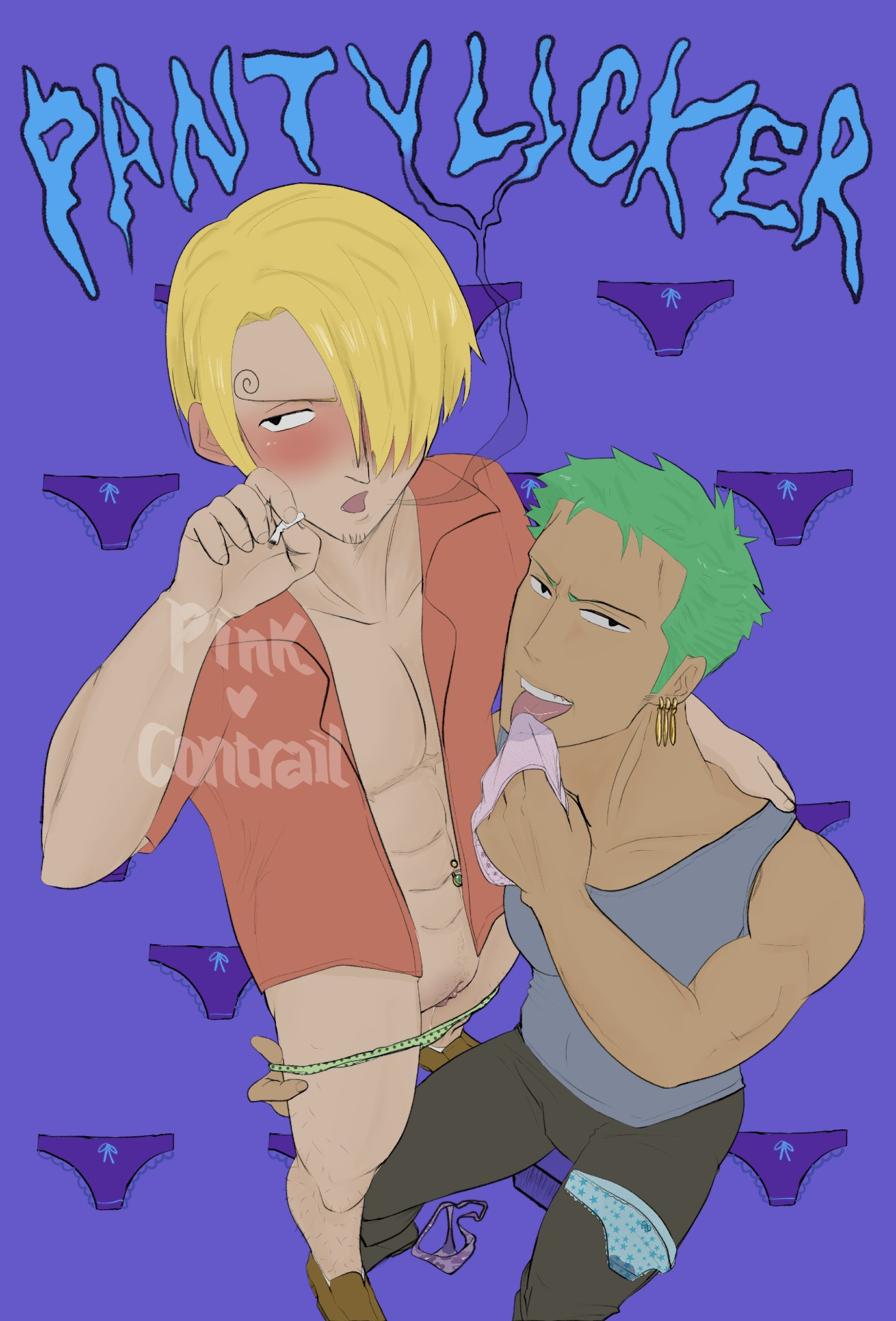 Zosan piece with Sanji with his arm on Zoro's shoulder, Sanji is wearing panties right below his hips and Zoro is licking another used pair of panties from Sanji. In the background is written "Panty Licker" refering to Zoro's kink