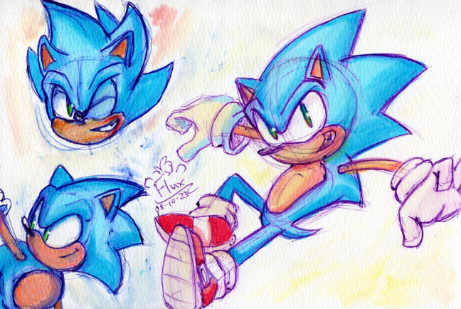 Sketch page with various Sonic The Hedgehog drawings