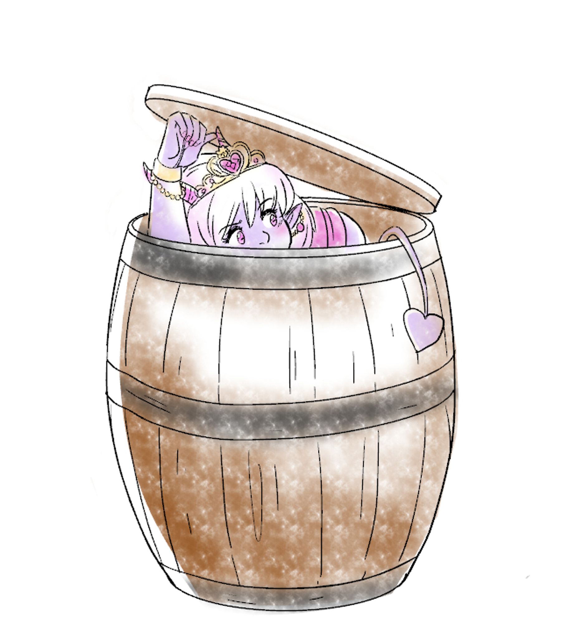 A fat pale purple tiefling is peeking out of a barrel. She has white hair and a gold and pink crown.