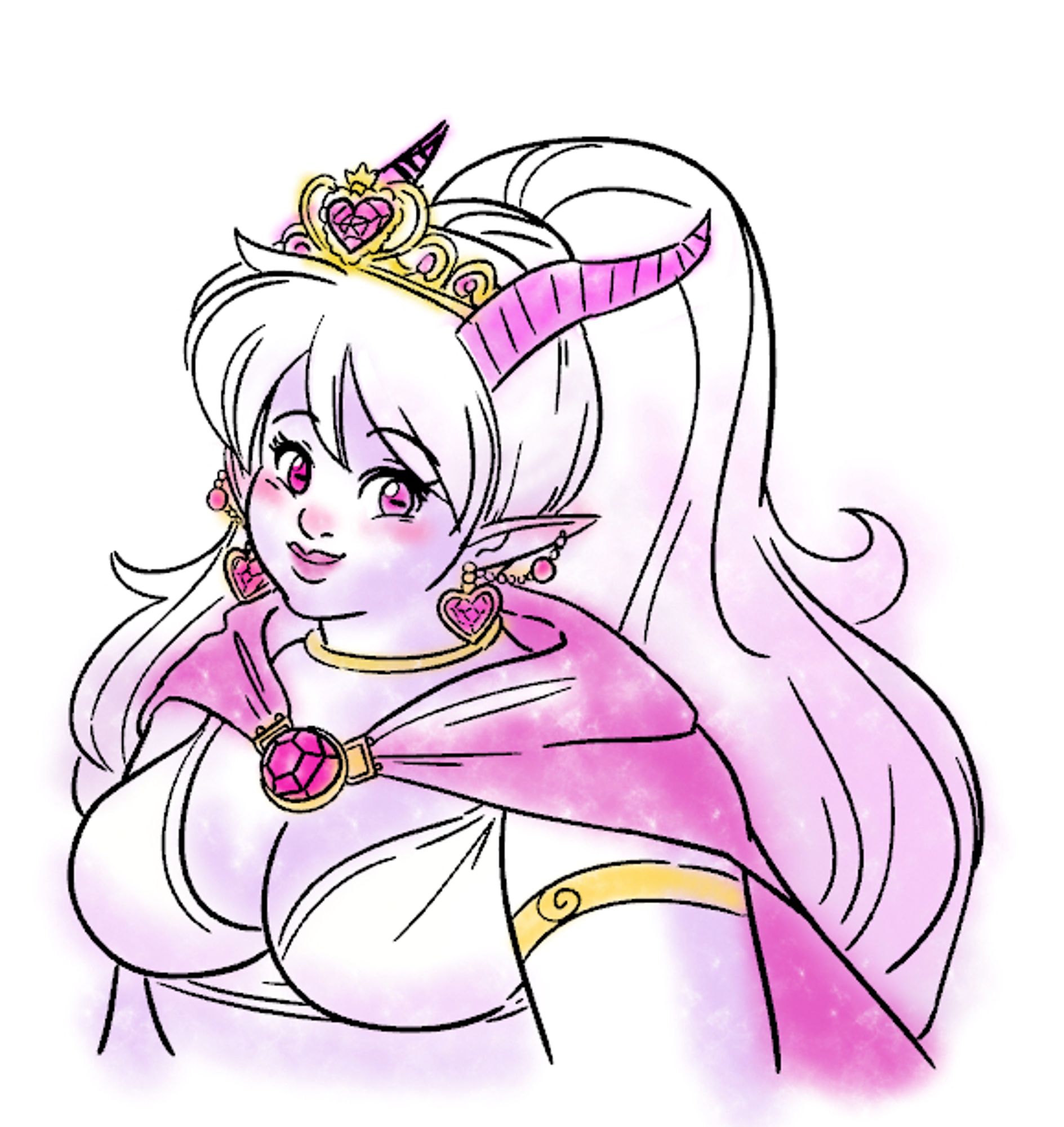 A portrait drawing of a fat pale lavendar tiefling woman. She is smiling cutely, with bright pink eyes and long white hair pulled up in a ponytail. She has pink horns. She's wearing heart shaped earrings, gold necklace, a golden crown with pink jewels, a pink cape, and a white bikini like top.