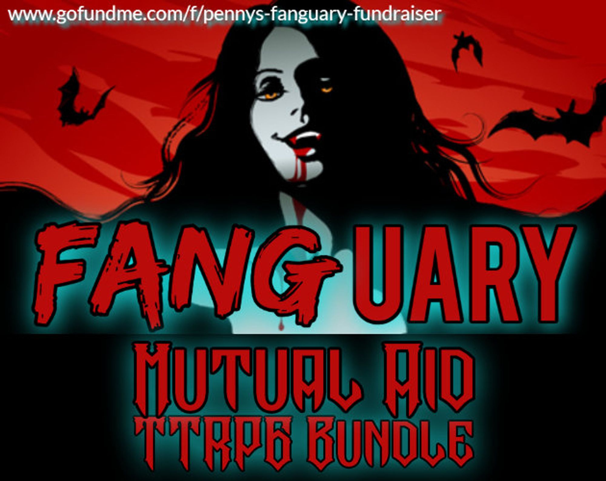 A graphic depicting a female vampire and bats behind the words FANGUARY Mutual Aid TTRPG Bundle