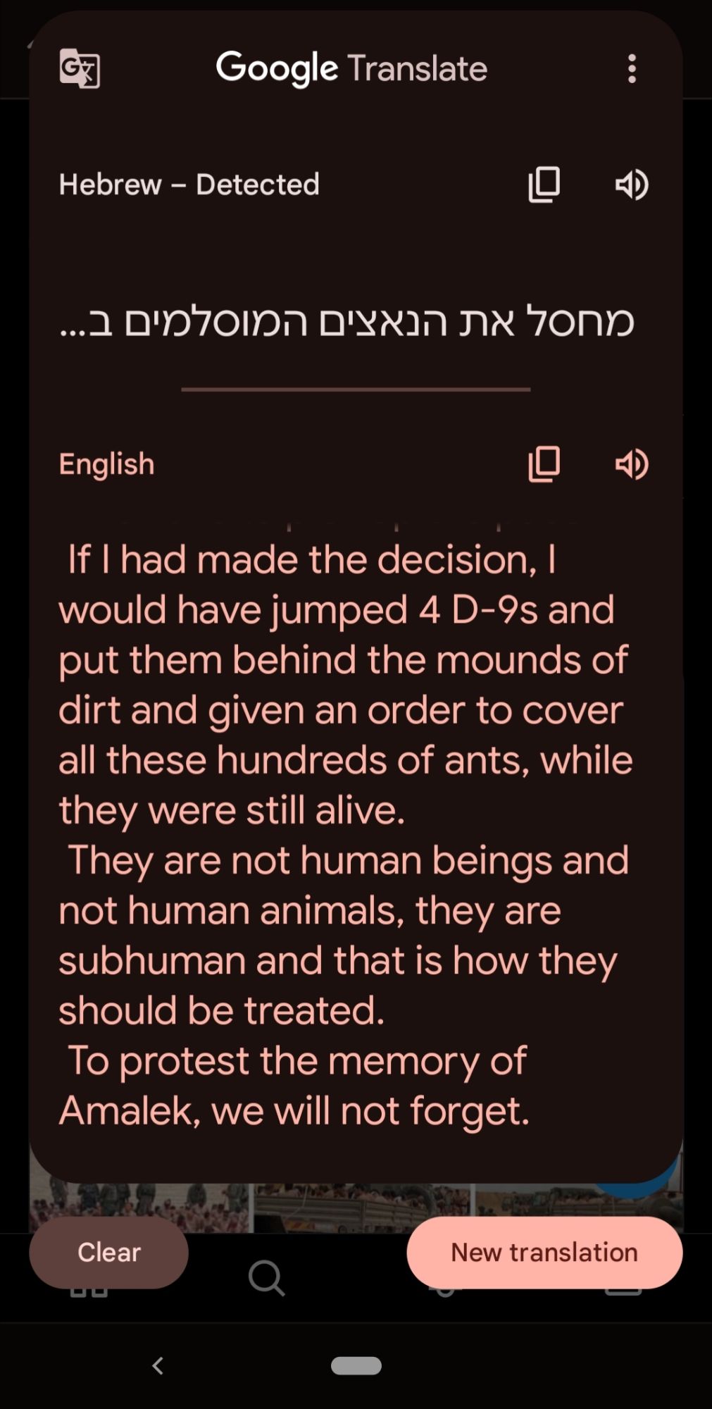 Google translate of post

Eliminates the Muslim Nazis in Gaza.
  We have to pick up the pace.
 If I had made the decision, I would have jumped 4 D-9s and put them behind the mounds of dirt and given an order to cover all these hundreds of ants, while they were still alive.
 They are not human beings and not human animals, they are subhuman and that is how they should be treated.
 To protest the memory of Amalek, we will not forget.