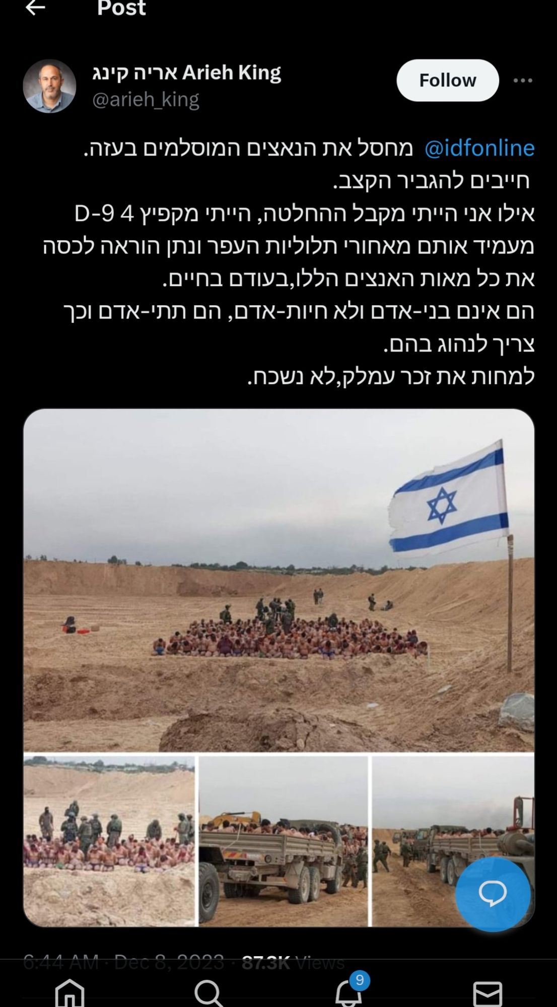 Post of Deputy Mayor of Jerusalem Arieh King in Hebrew with pictures of IDF holding Palestinan civilians hostage, having stripped them and taken them to the desert.