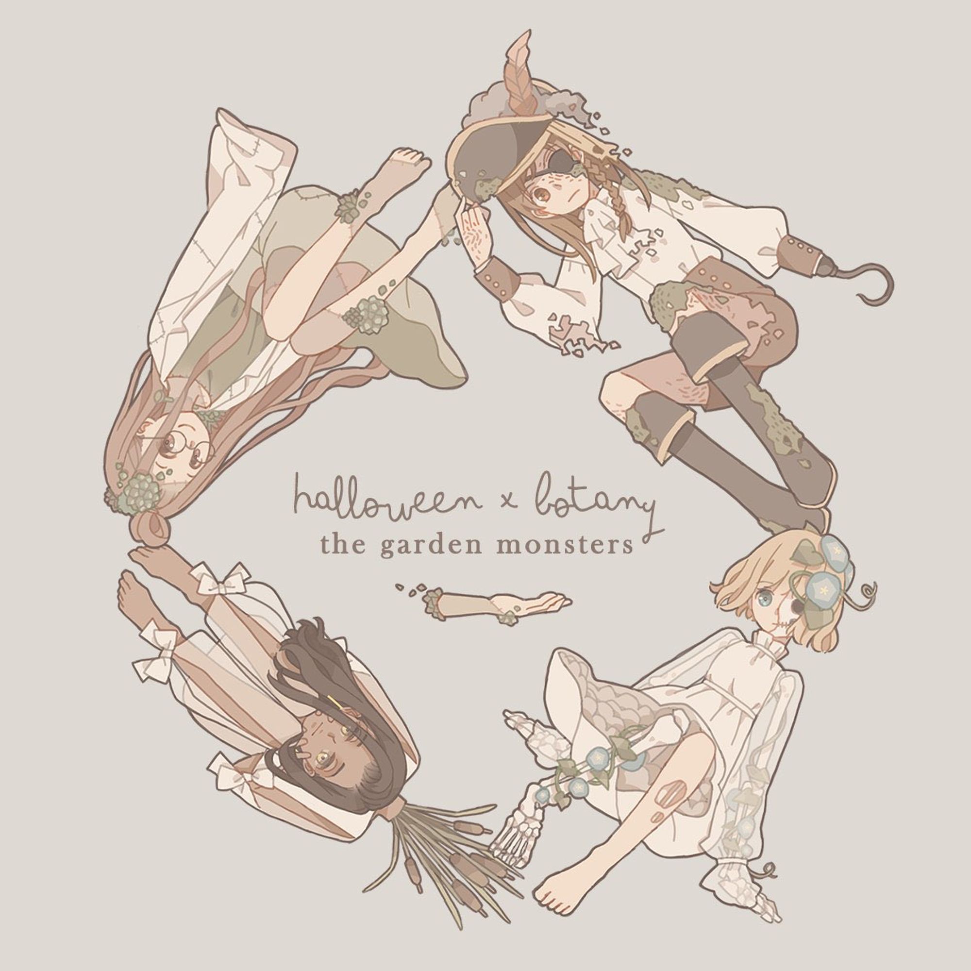 halloween × botany — the botany monster, four girls merged with certain plants in halloween theme:
(1) frankenstein × succulent
(2) headless × cattail
(3) skeleton × morning glory
(4) pirate ghost × lichen