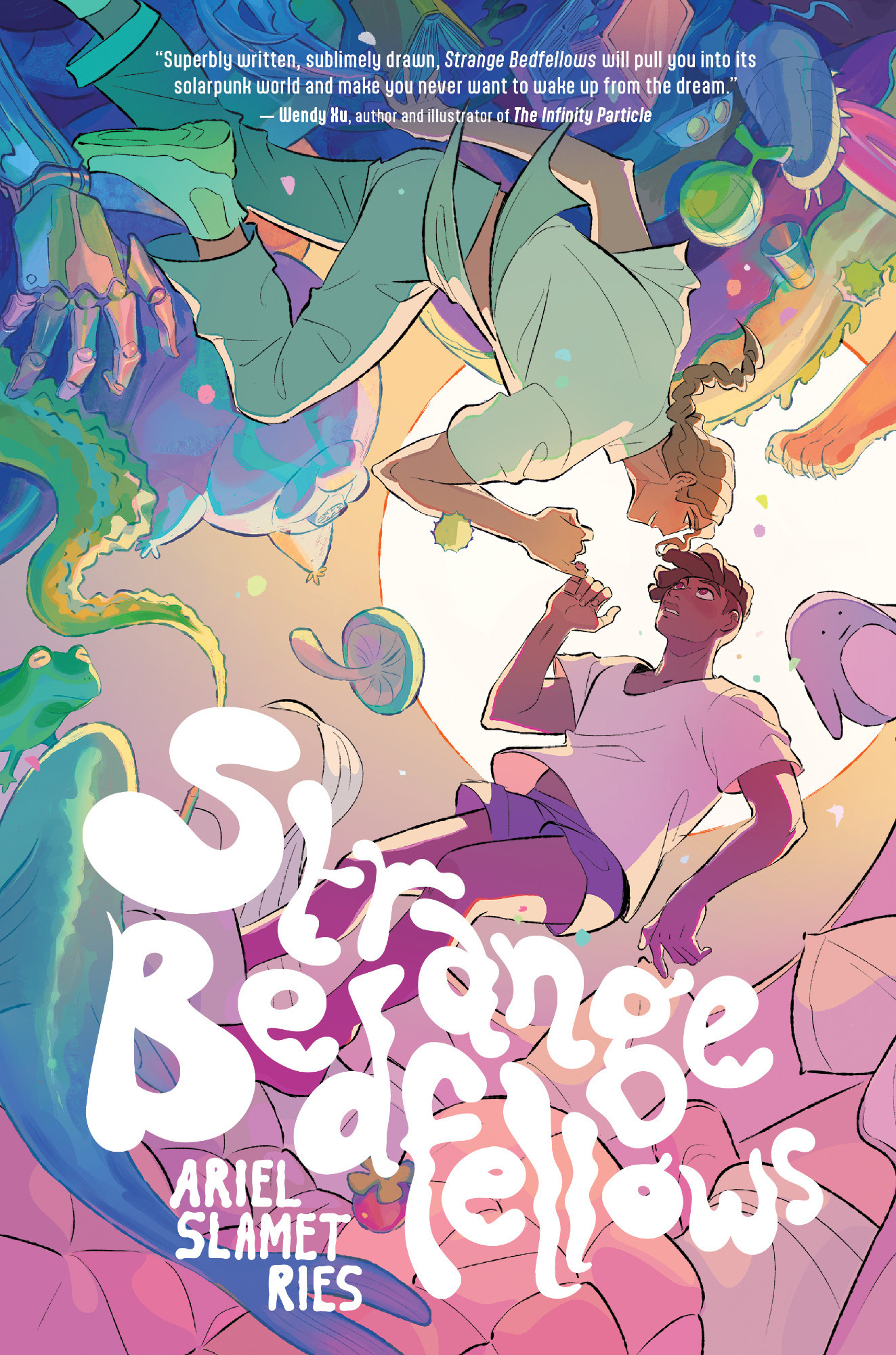 The cover of the graphic novel Strange Bedfellows by Ariel Slamet Ries. The illustrated cover depicts two young men floating in a bedroom unbound by gravity and linking pinkies. From above, painterly dream apparitions descend. The apparitions include: a lion's paw, the scaly body of a dragon, a giant tardigrade, a mushroom, a frog, a fish.