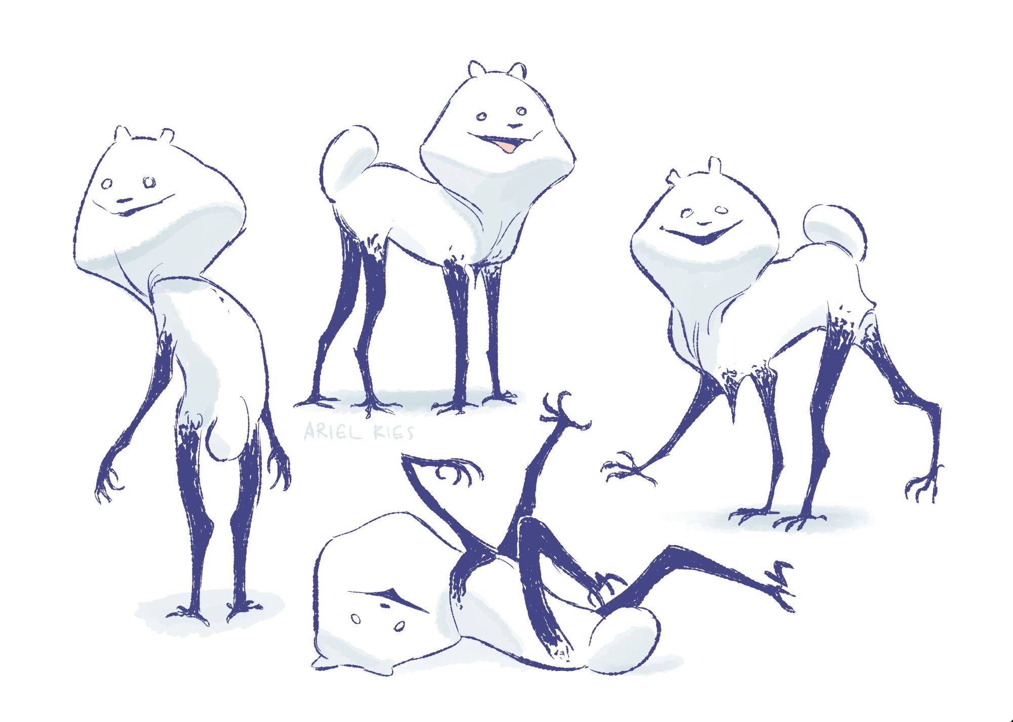 4 illustrations of a fluffy white dog with muddy legs, in various positions. The proportions and features of the dog have been warped to make it look quite uncanny and creepy.