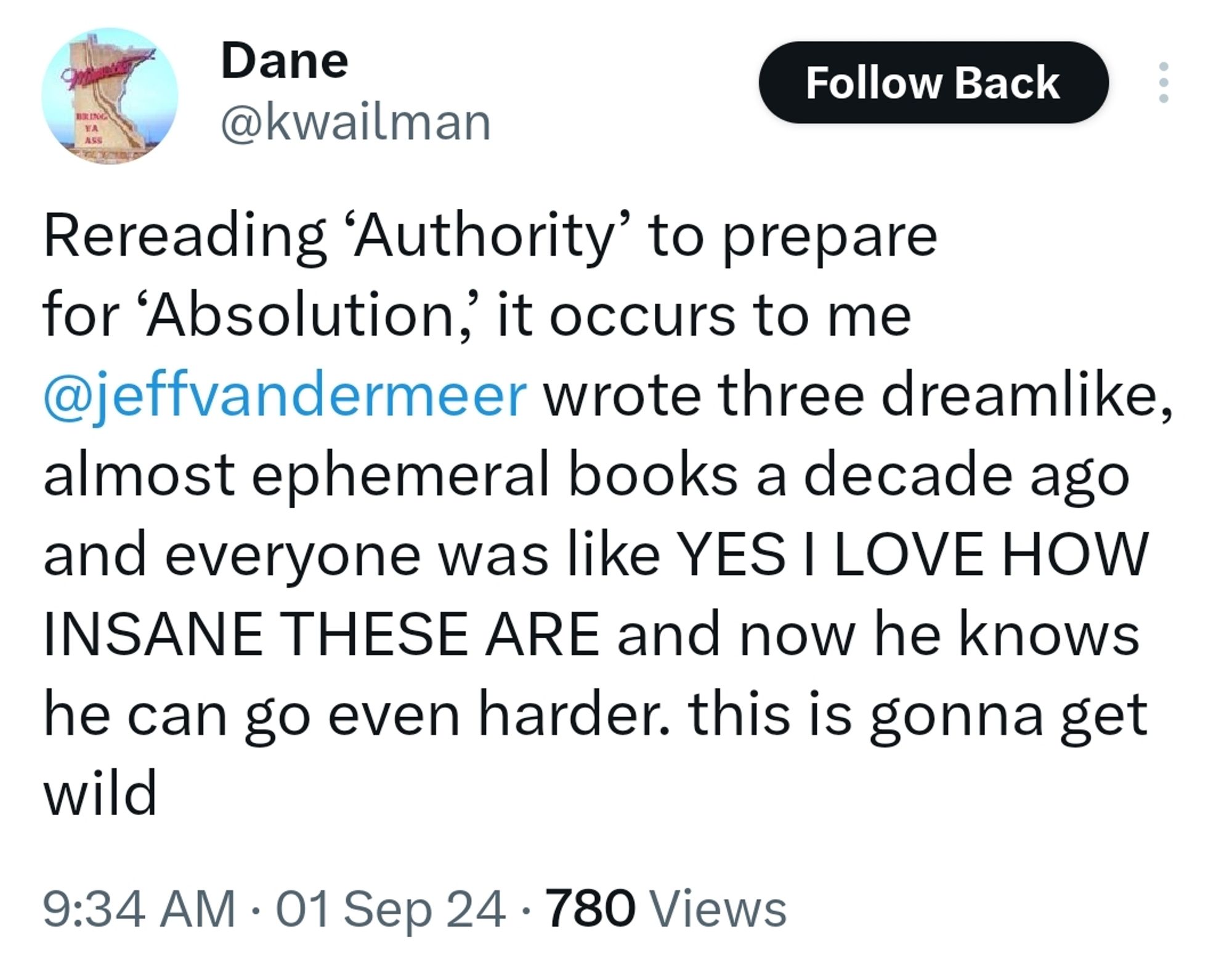 Rereading ‘Authority’ to prepare for ‘Absolution,’ it occurs to me @jeffvandermeer wrote three dreamlike, almost ephemeral books a decade ago and everyone was like YES I LOVE HOW INSANE THESE ARE and now he knows he can go even harder. this is gonna get wild