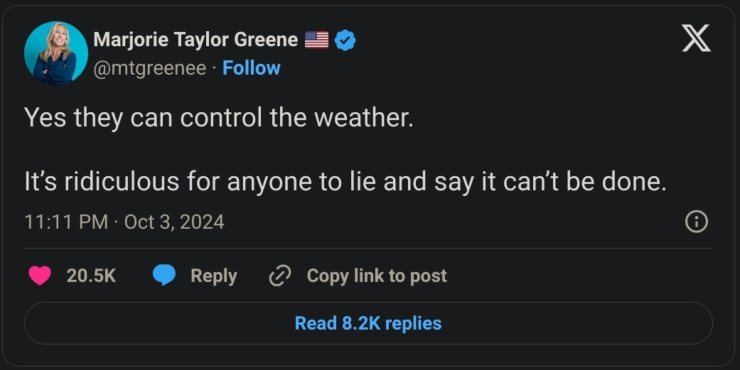 Weirdo Marjorie thinks people can control weather