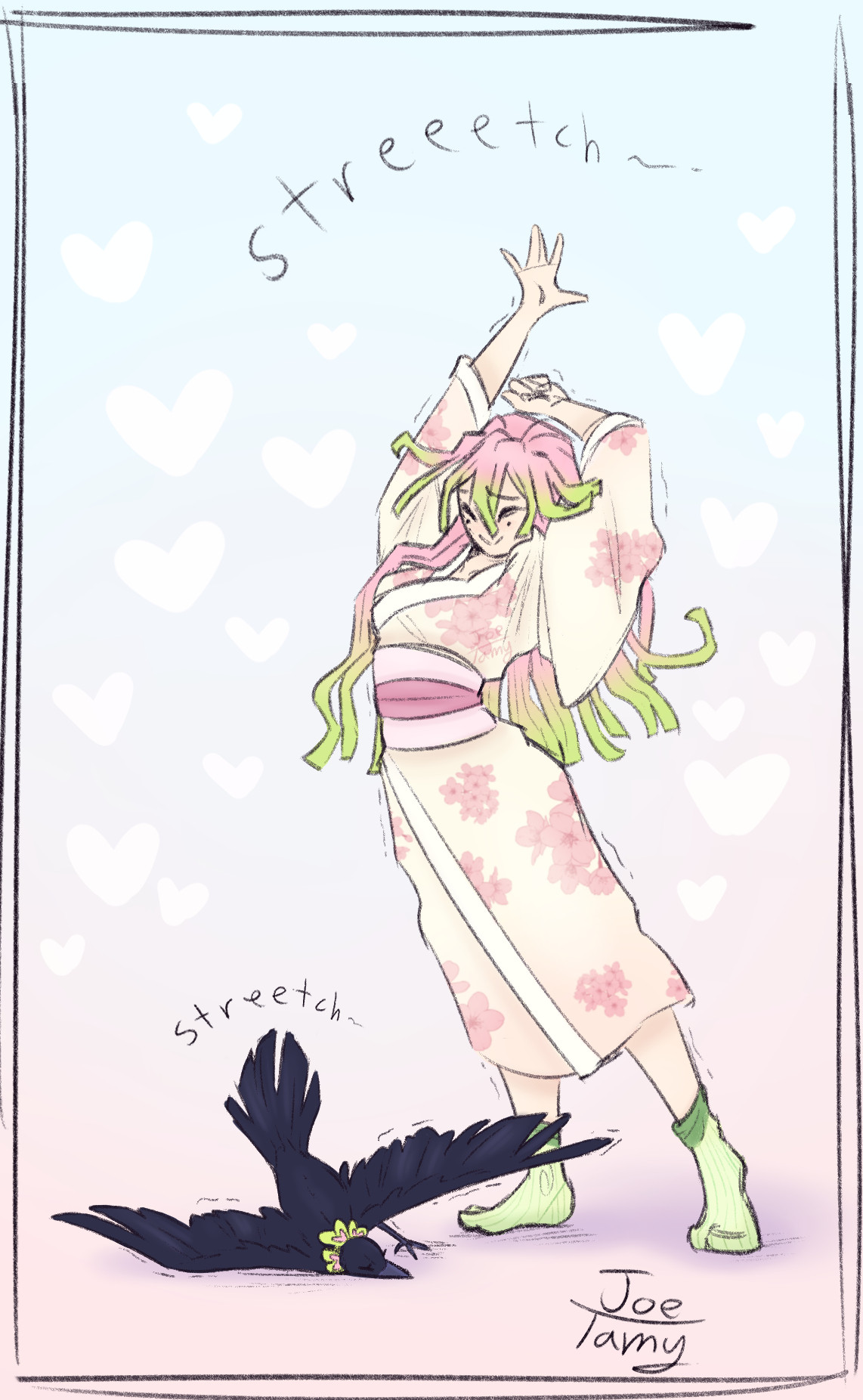 Mitsuri and her kasugai crow from Demon Slayer doing morning stretches. Mitsuri wears a soft-yellow toned kimono with pink flowers, paired with a set of green socks.