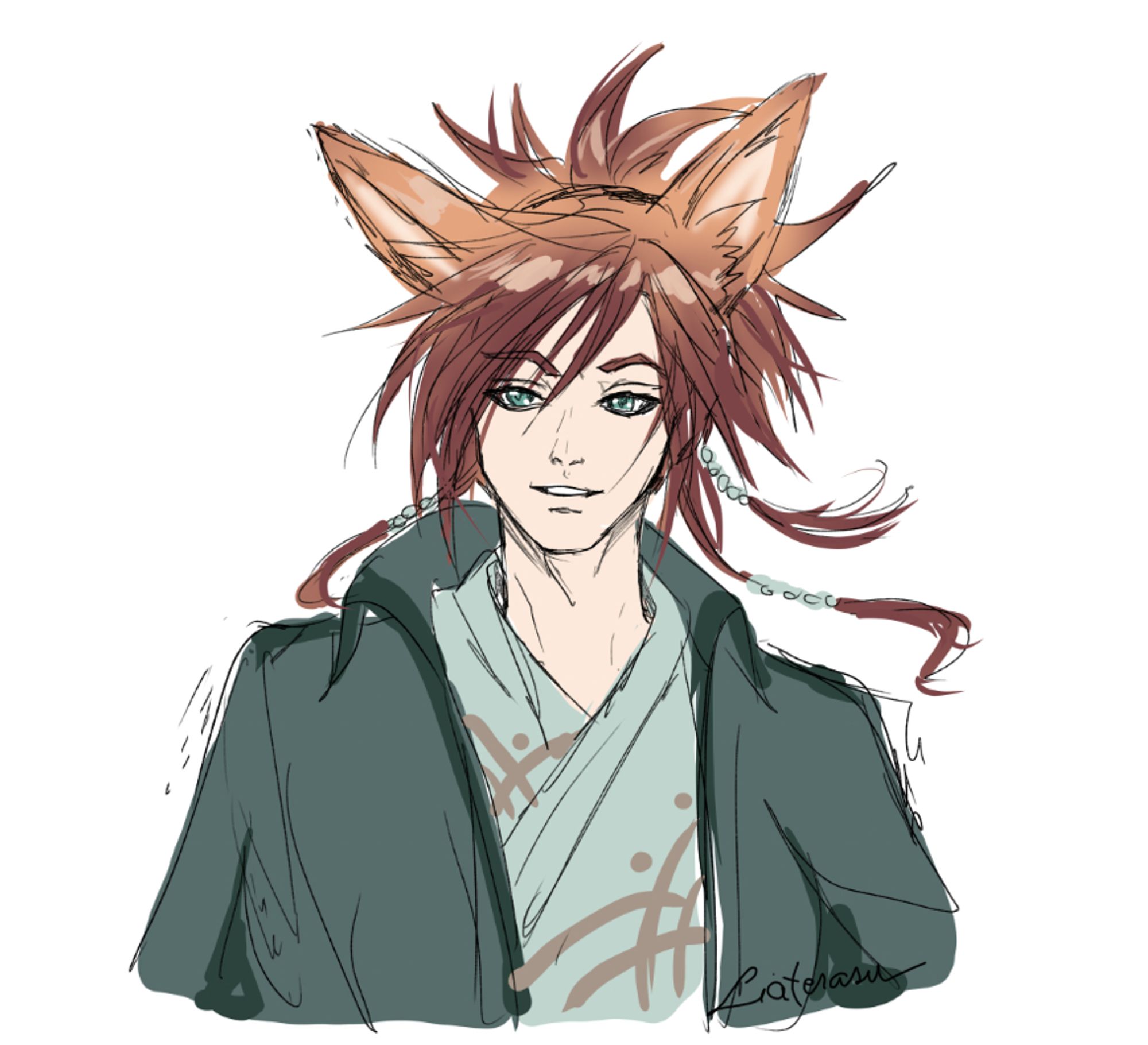 A sketch portrait of my original character, Inigo. He is a humanoid with  fox ears. Inigo's hair is orange to red and is tied in a messy ponytail, which has a few braids in it. He has mint green eyes and a dark green coat.