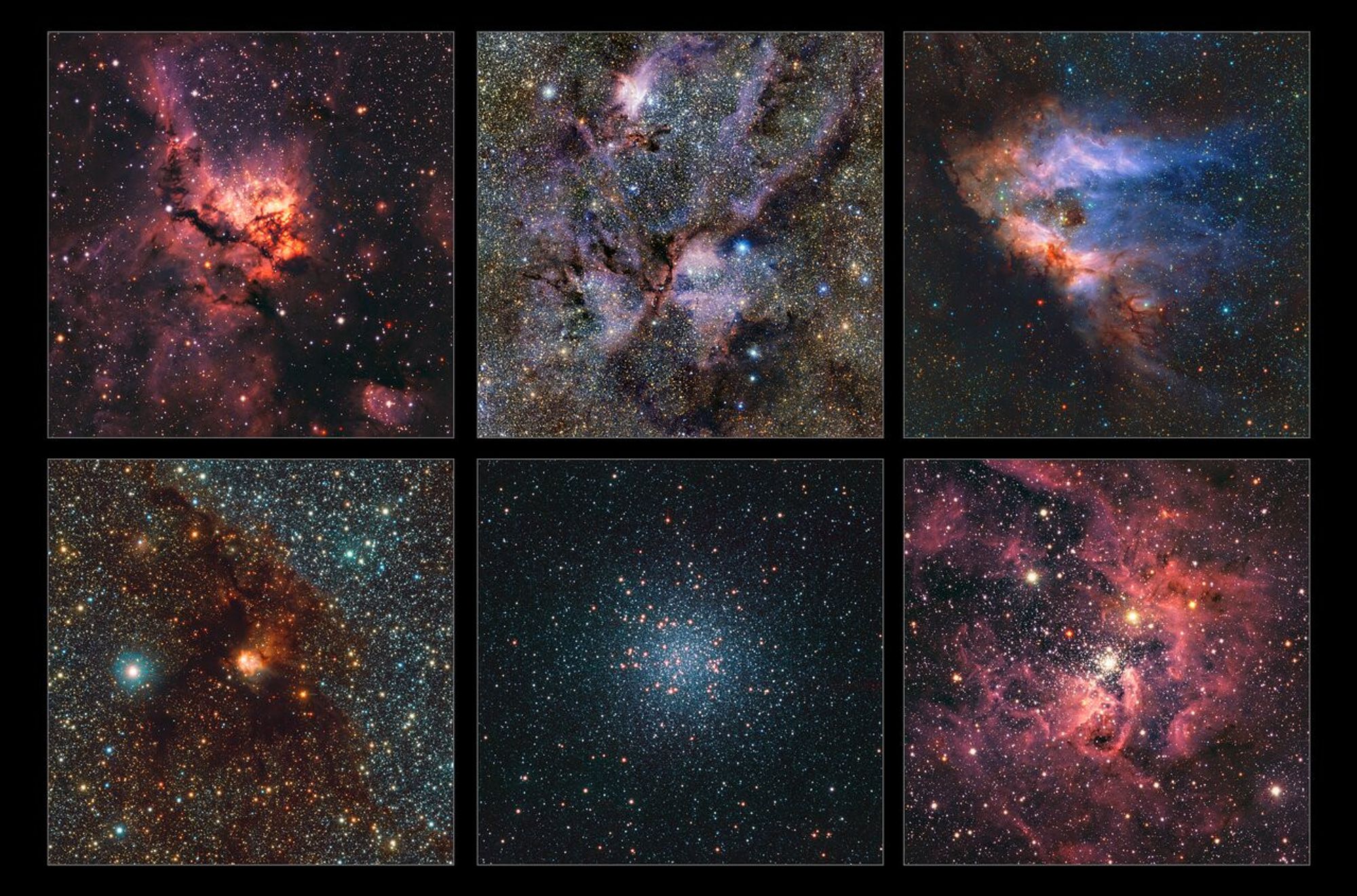 6 images in a grid sharing highlights of the most detailed infrared map of the Milky Way