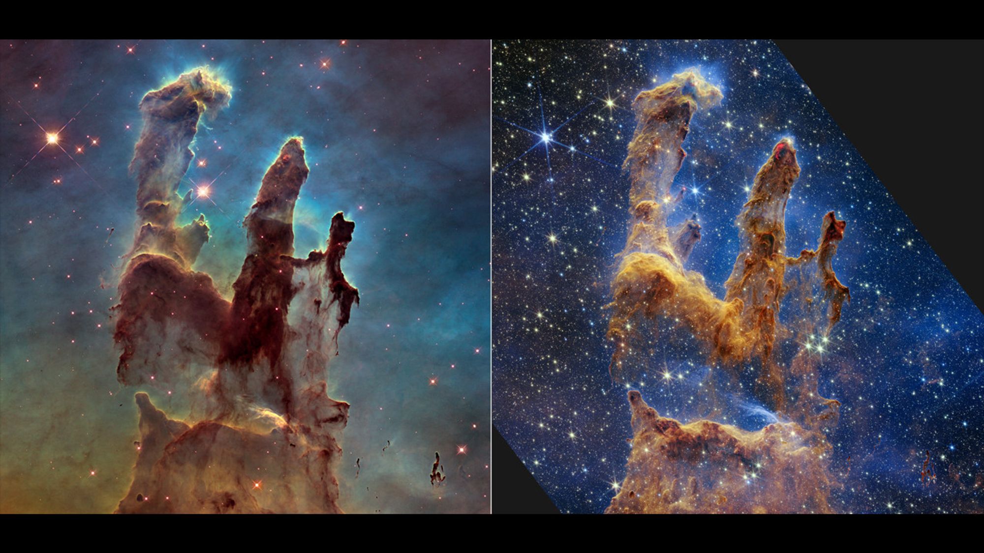 A side by side comparison of the Pillars of Creation (elephant trunks of interstellar gas and dust in the Eagle Nebula). The photo on the left shows what was taken by Hubble many years ago. And the photo on the right shows what was taken by the JWT and it shows far more clarity and details (so many more stars everywhere!!) than what Hubble was capable of capturing at the time.