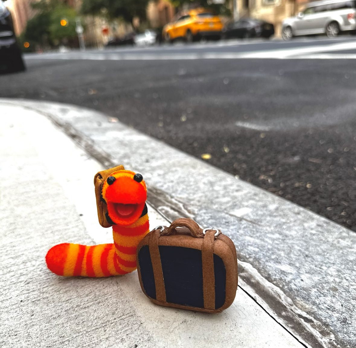 Slimey the worm is a character from Sesame Street. He is an orange and yellow striped worm and so small he can fit in the palm of your hand.
Here he is pictured on the sidewalk waiting for a cab with just his backpack and a suitcase (I imagine to avoid airline baggage fees). This worm knows how to travel.