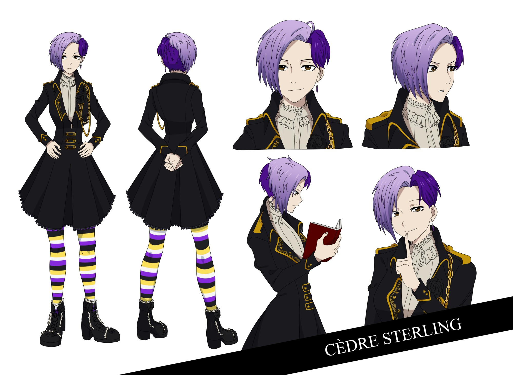 A multi-view reference sheet offering a front and back view as well as three facial closeups of a non-binary individual. They have short two-toned purple hair, golden-brown eyes, and pale skin. They are dressed in a black military lolita jacket dress with gold accents over an off-white blouse, thigh-high socks in the nonbinary pride colors, and black, short boots with bows and frills.