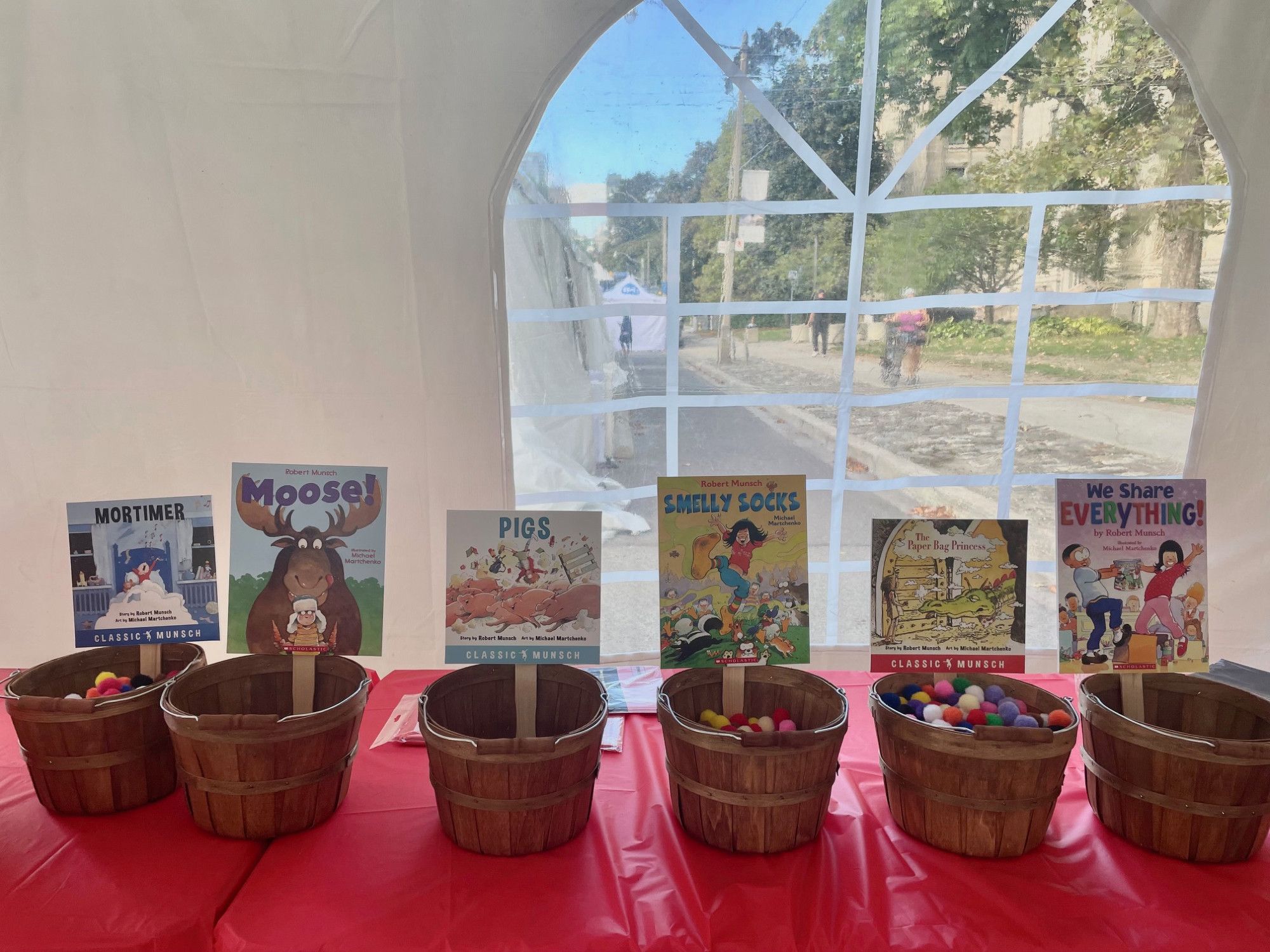 6 baskets with 6 books