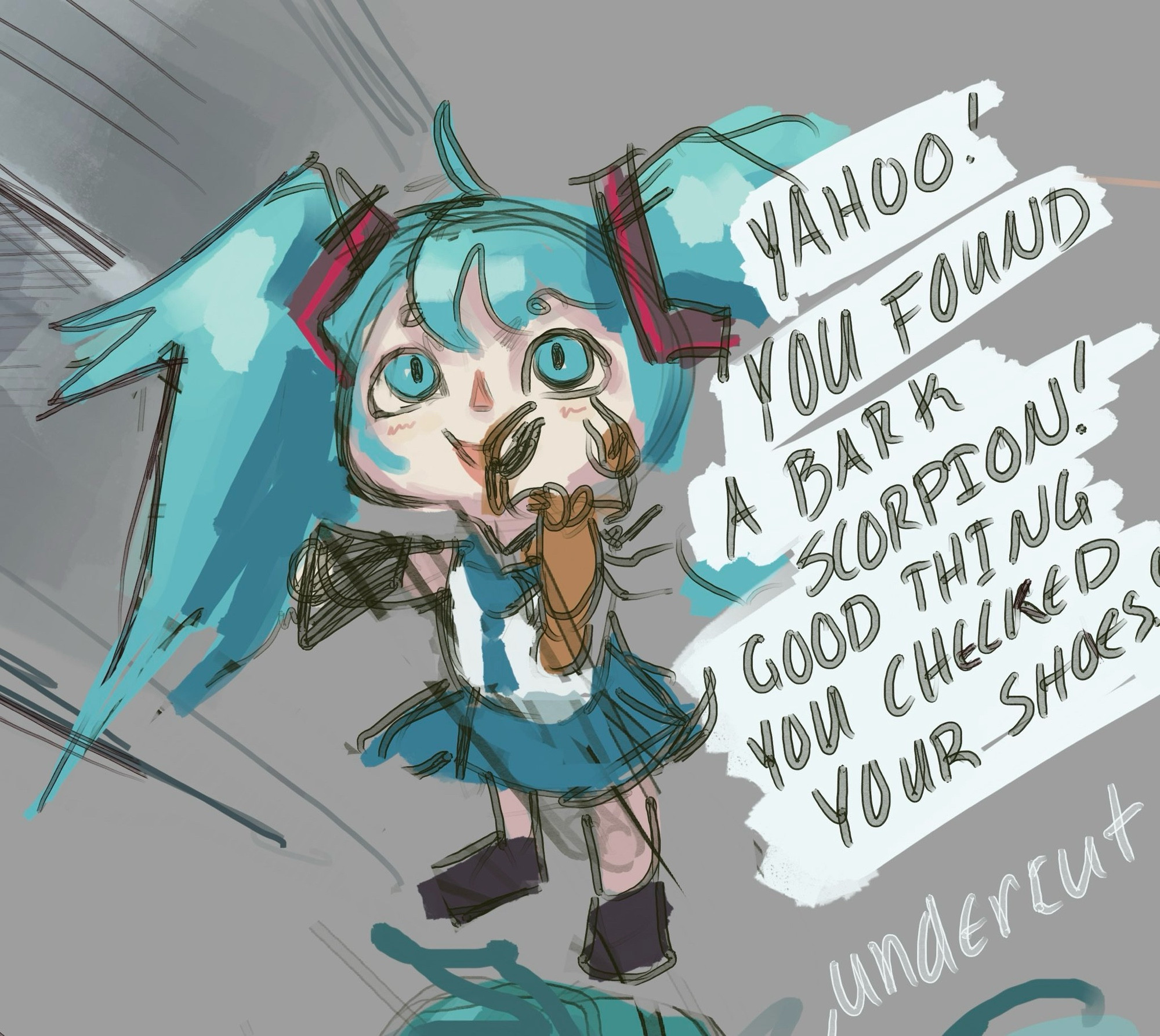 Hatsune Miku in the animal crossing style presenting you, the viewer, with a bark scorpion. Her blurb states "Yahoo, you found a bark scorpion! Good thing you checked your shoes!" In retrospect, I should have made a pun, such as "it's sting is worse that it's bite!" 